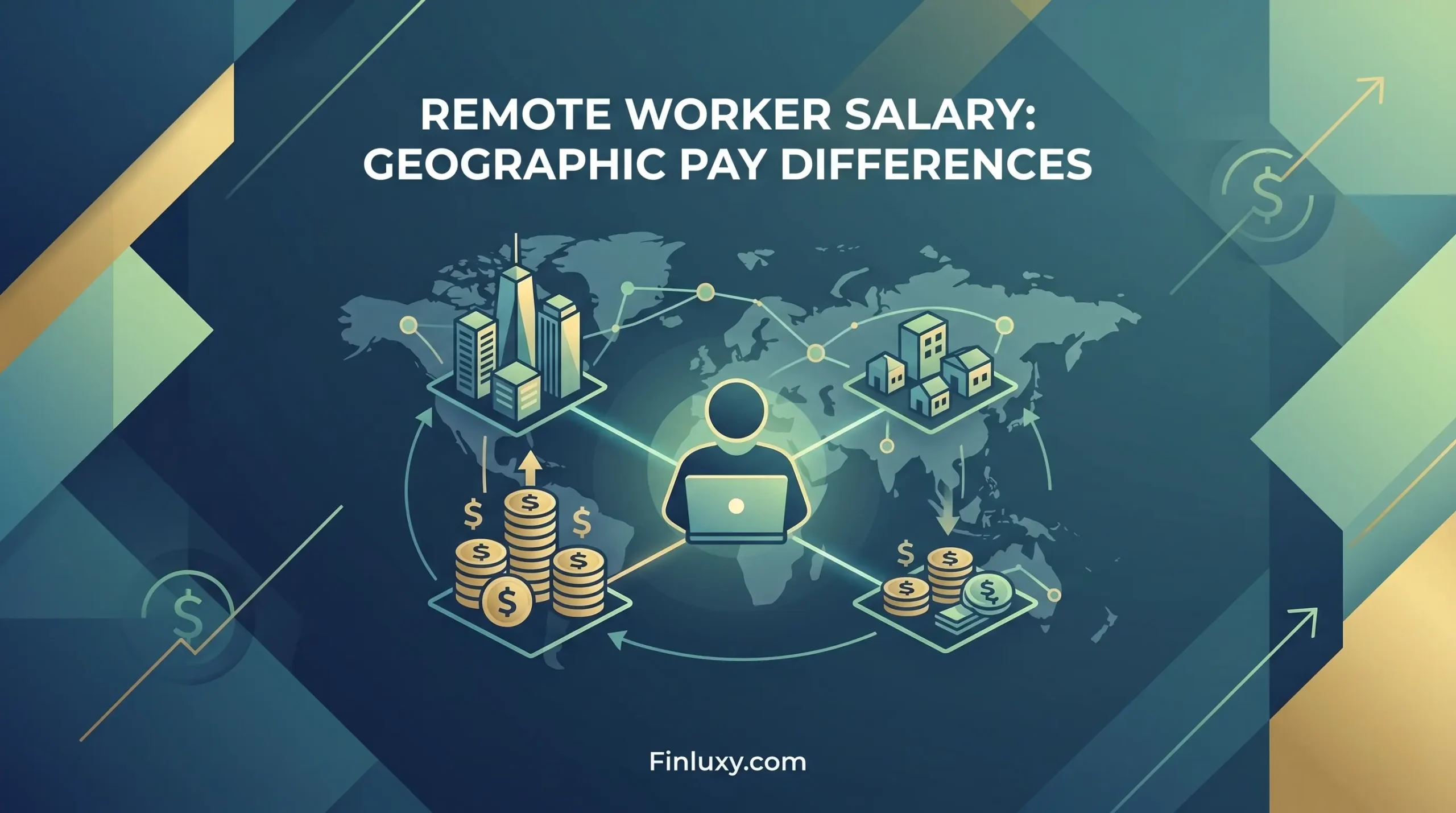 A geometric vector illustration comparing salaries for a remote worker across different global locations.