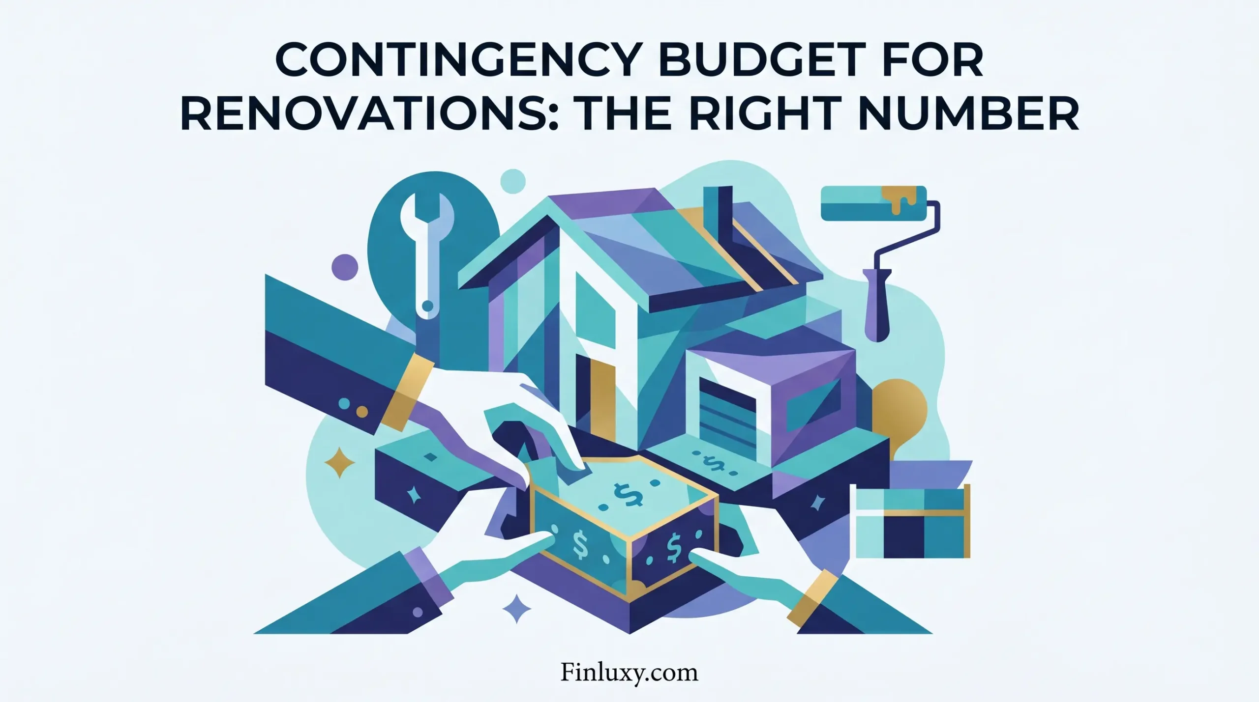 Geometric vector illustration of hands organizing money and building blocks around a modern house for renovation budget planning.