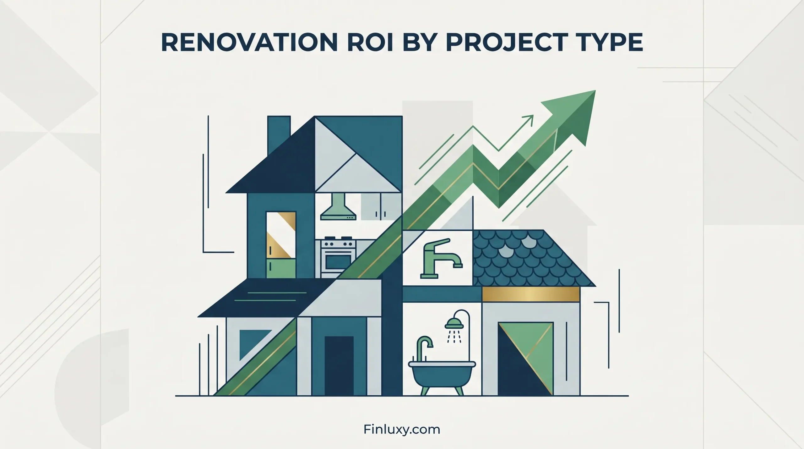 A geometric vector illustration showing a house cross-section with an upward arrow and various home project icons.