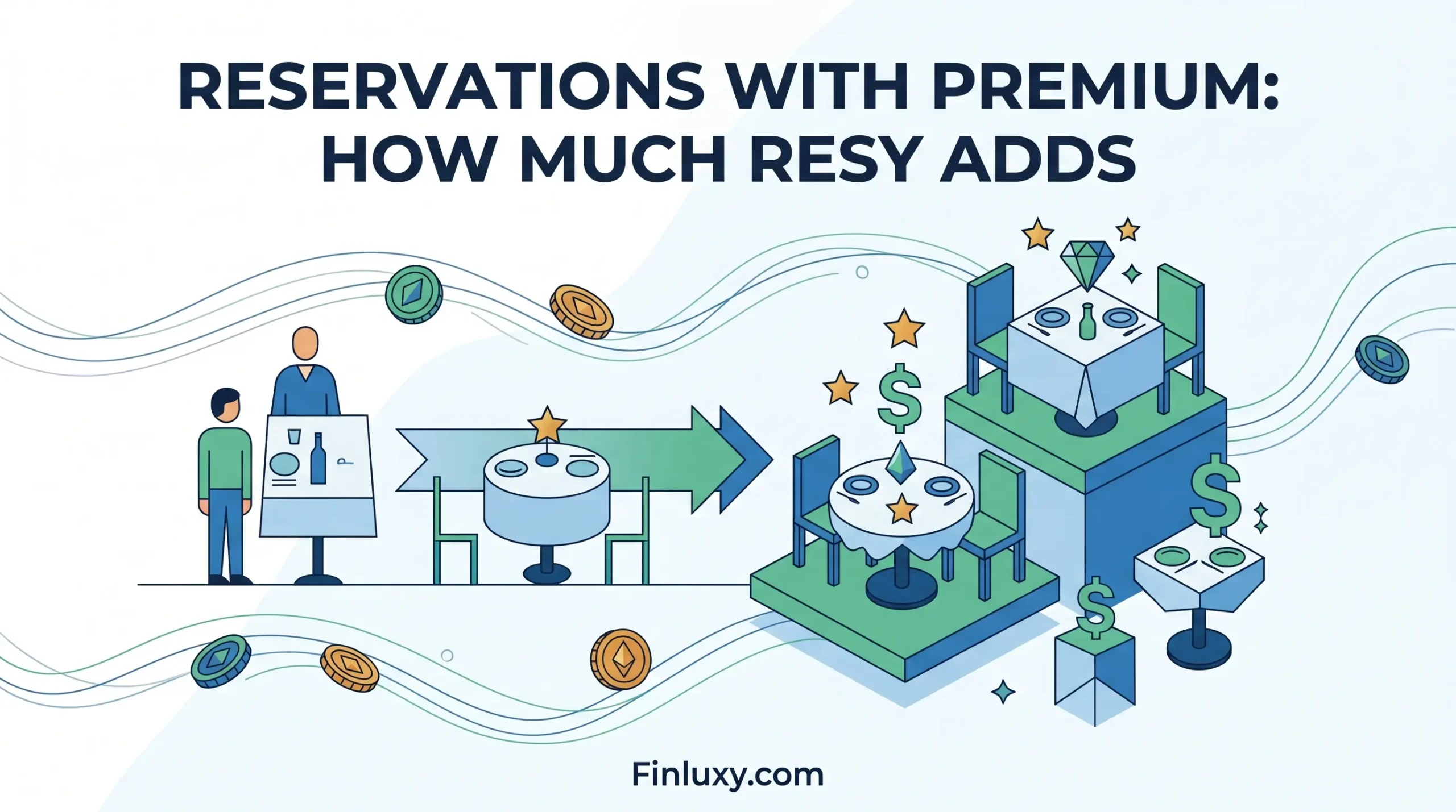 A clean geometric illustration showing dining tables with stars and diamonds to represent a premium reservation service.