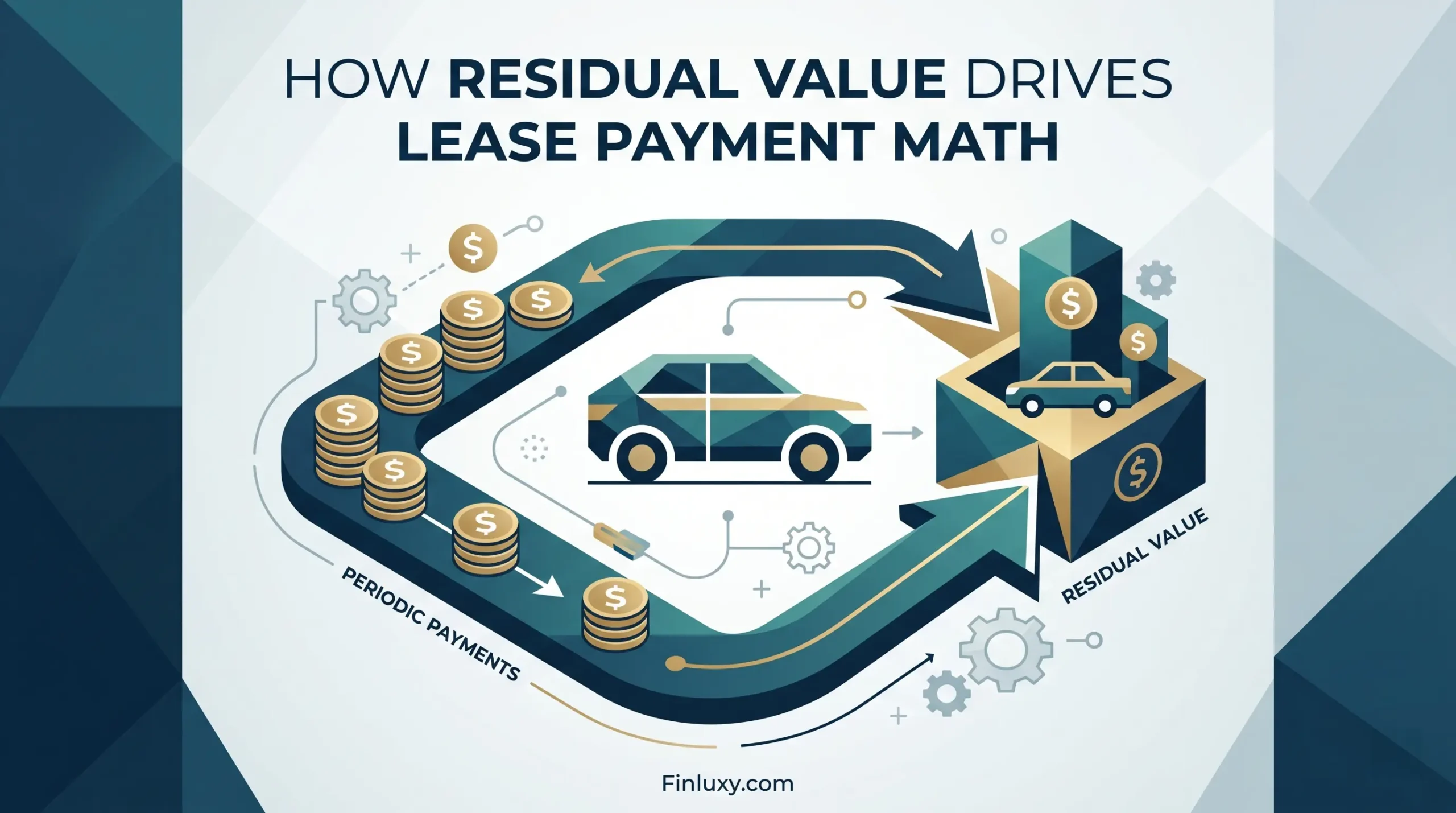 Minimalist geometric vector illustration explaining car lease payment math and residual value concepts, styled for a financial magazine.