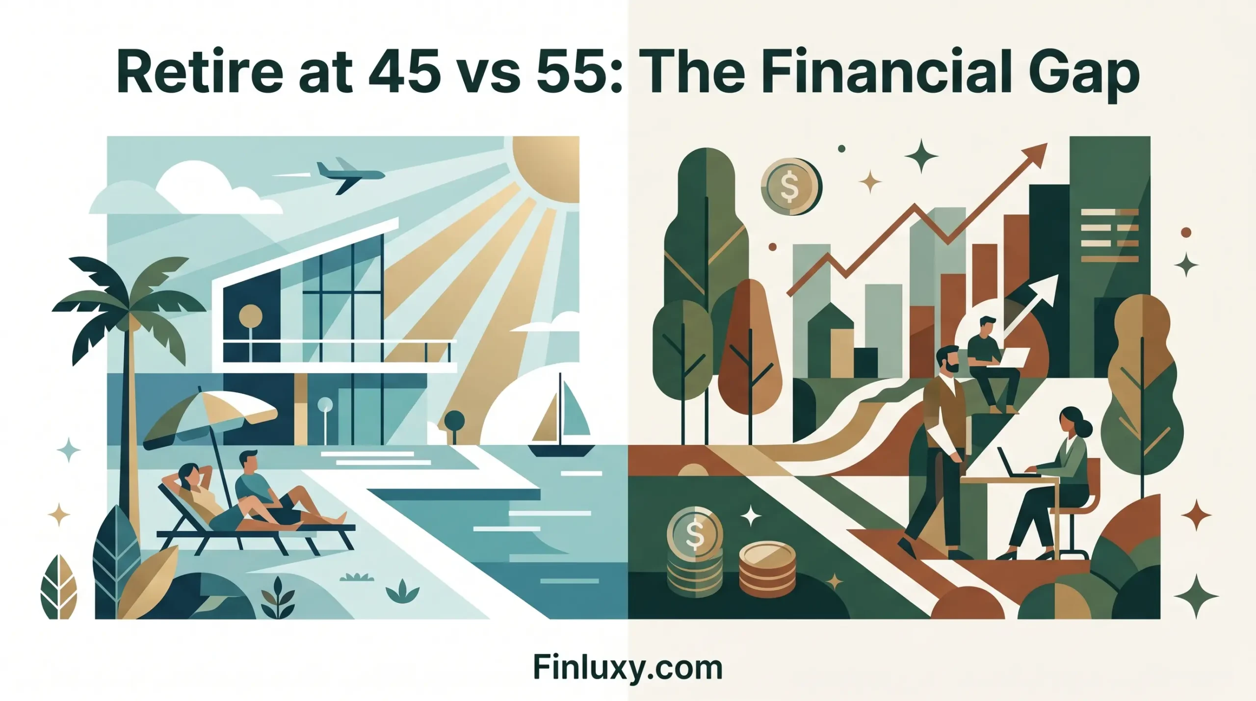 Minimalist split graphic comparing early leisure retirement with continued office work, featuring headline "Retire at 45 vs 55".