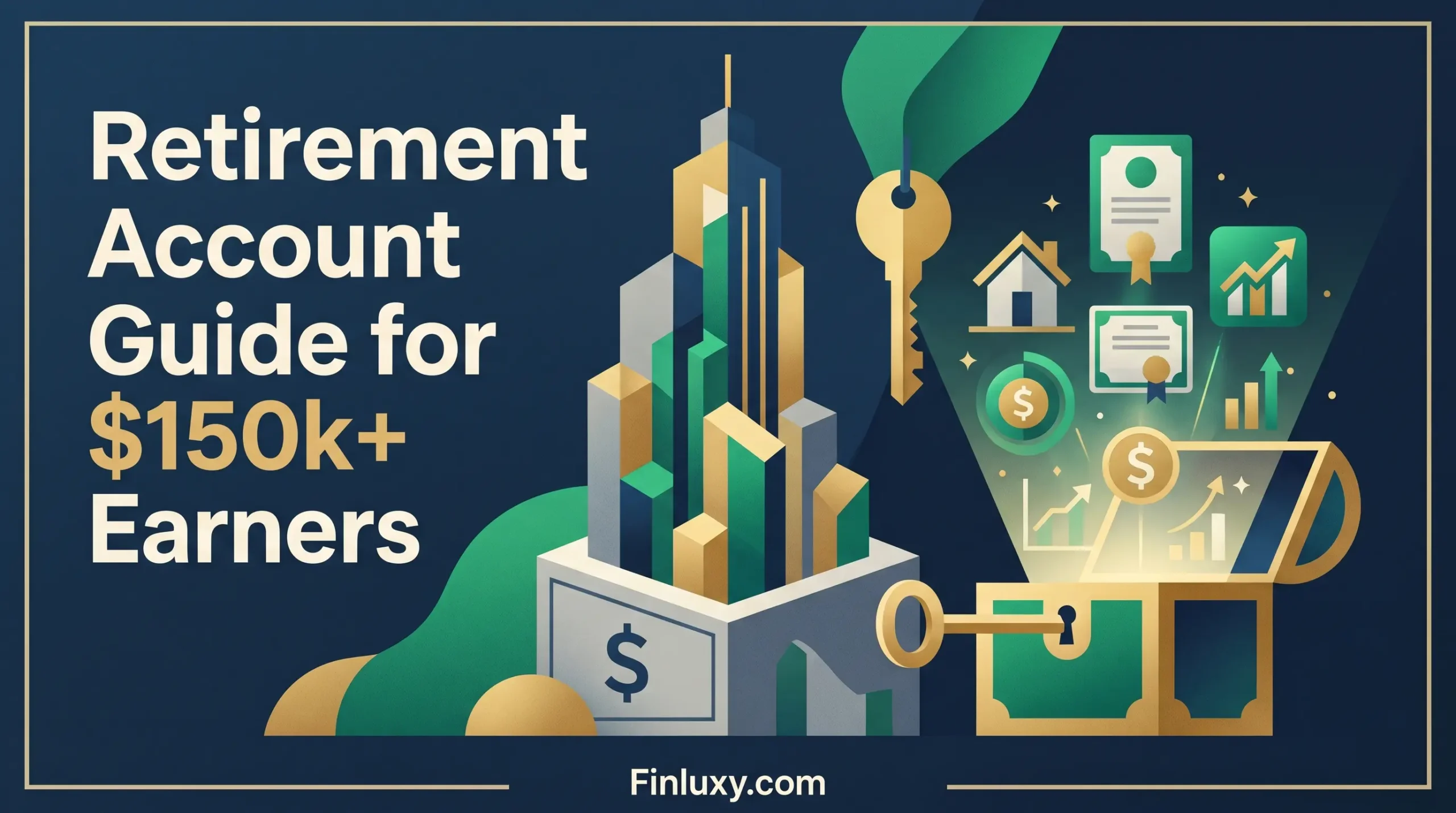 Geometric vector illustration for a retirement guide, featuring a modern abstract building, financial icons, and text on a dark background.