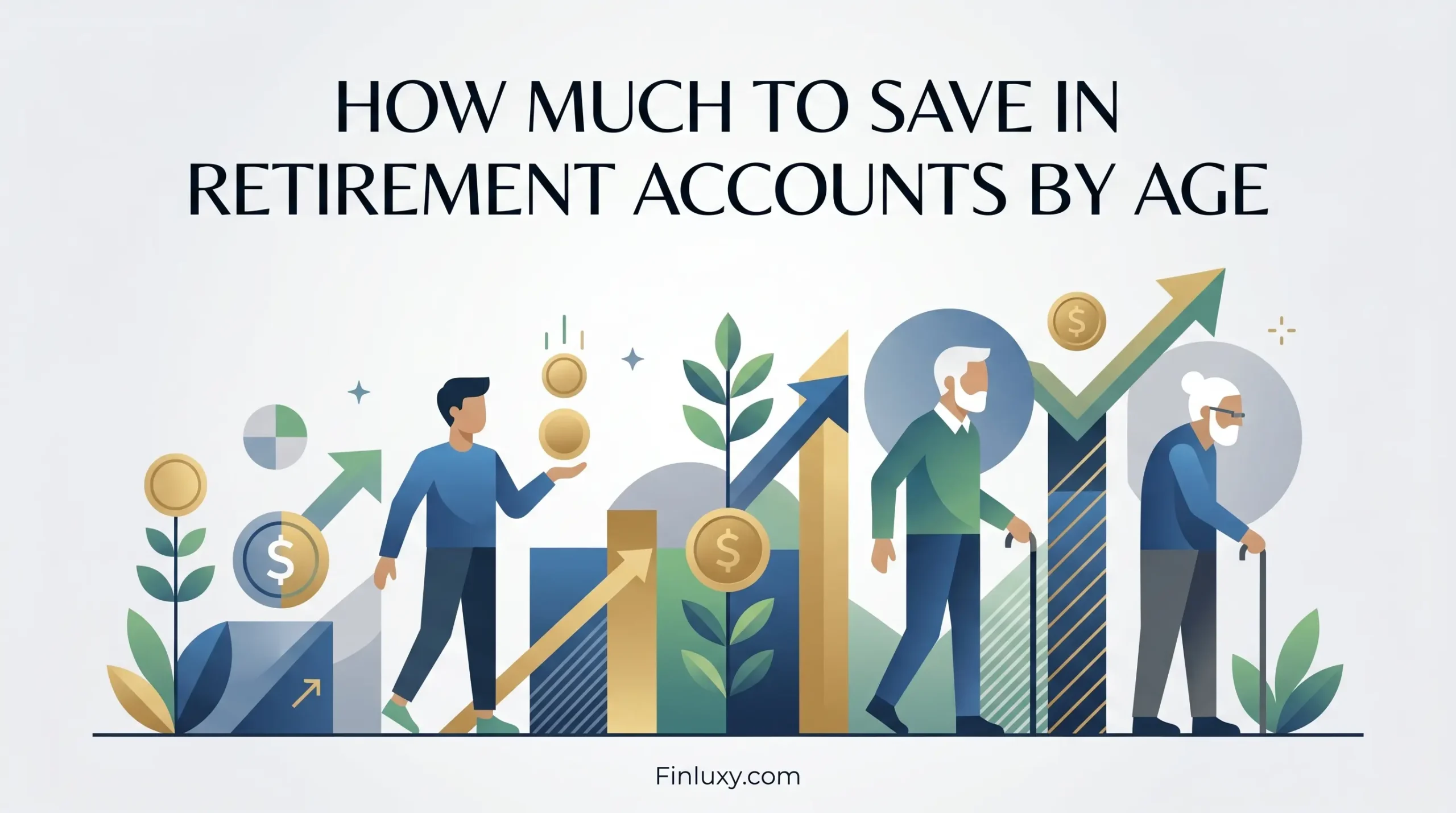 Modern illustration showing people and financial icons rising through different ages, representing growing retirement savings over time.