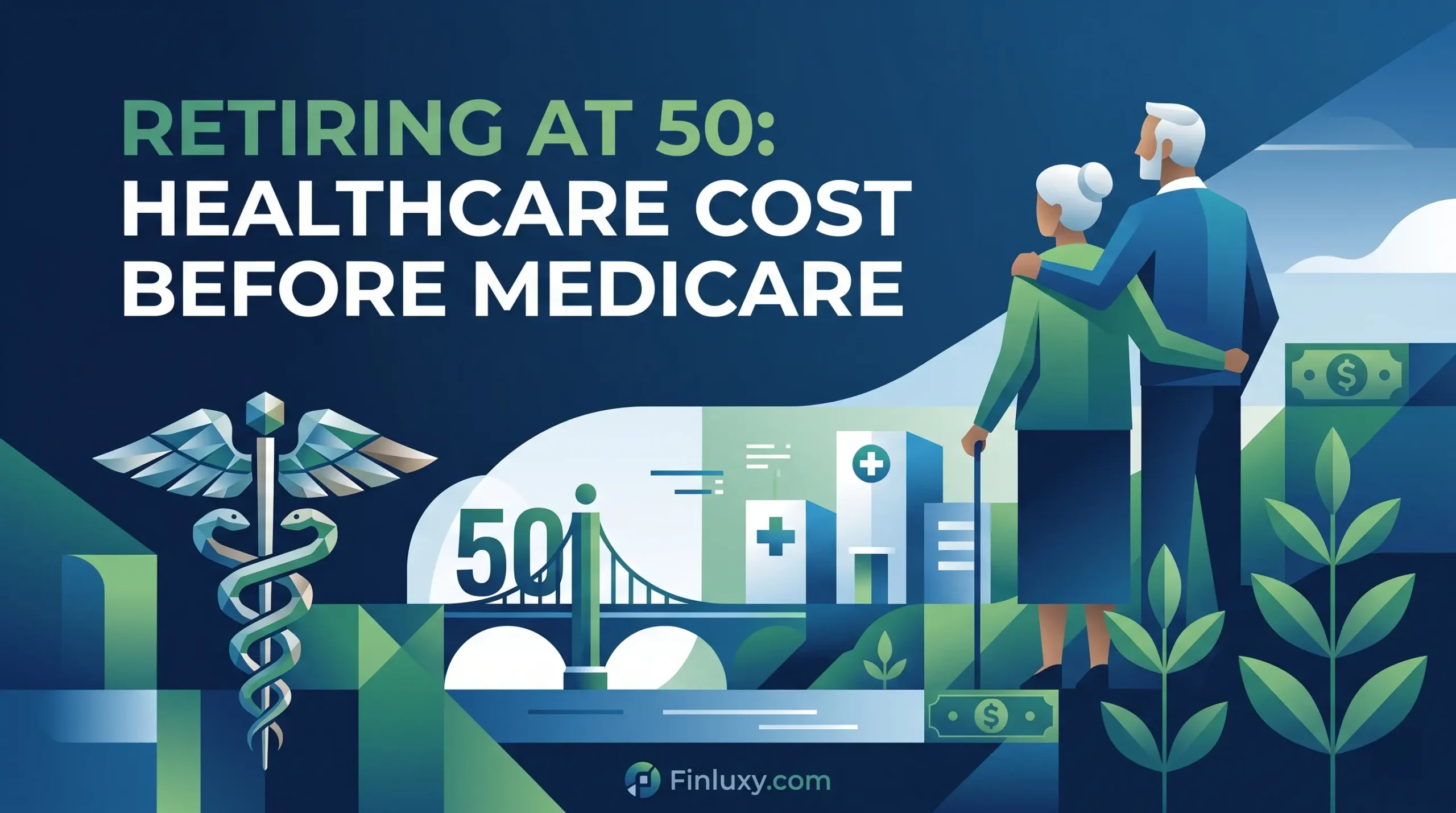 Geometric illustration with headline about early retirement healthcare costs; features stylized figures, caduceus, and Finluxy.com URL.