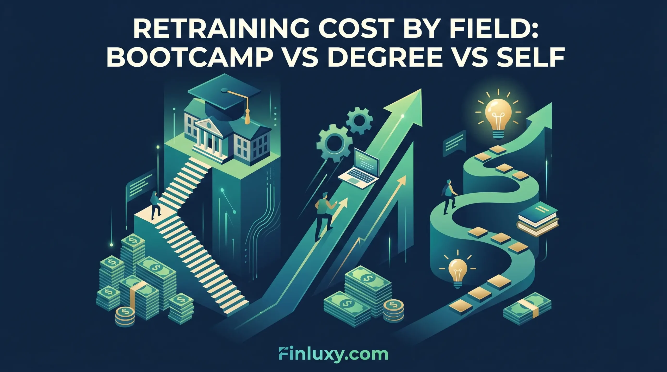 An isometric vector illustration with the headline: "RETRAINING COST BY FIELD: BOOTCAMP VS DEGREE VS SELF" and "Finluxy.com" at the bottom. The image shows three pathways to career success: one for university, one for bootcamps, and one for self-learning. It features cash stacks, an university building, a laptop with arrows and gears, and lightbulbs. The design is in a professional dark-blue and green gradient style.