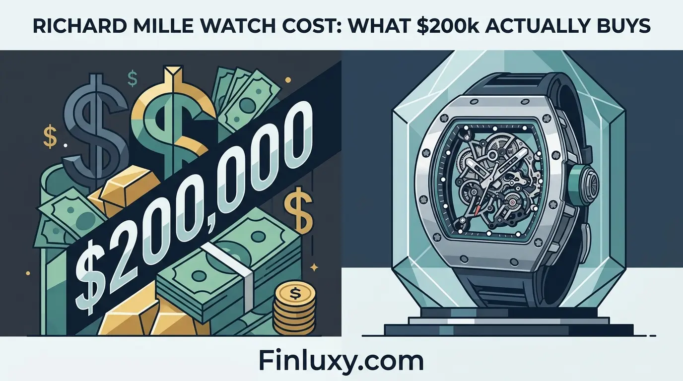 Geometric illustration showing a luxury skeleton watch alongside a large stack of money totaling $200,000, in a clean vector style.
