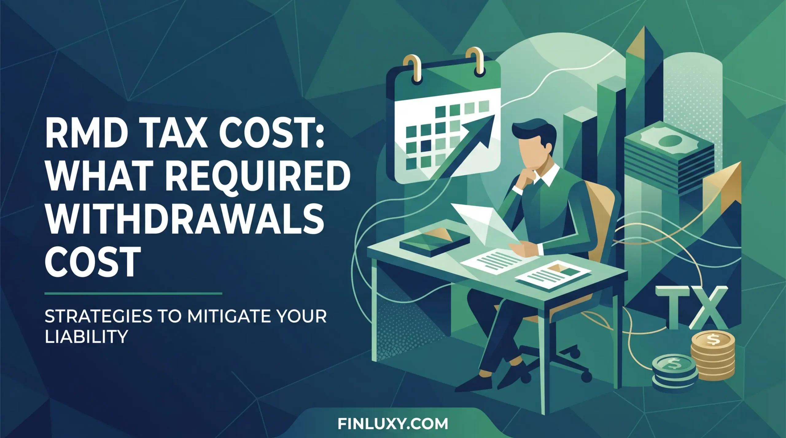An isometric vector illustration of a person reviewing financial documents at a desk, featuring geometric shapes and teal tones.