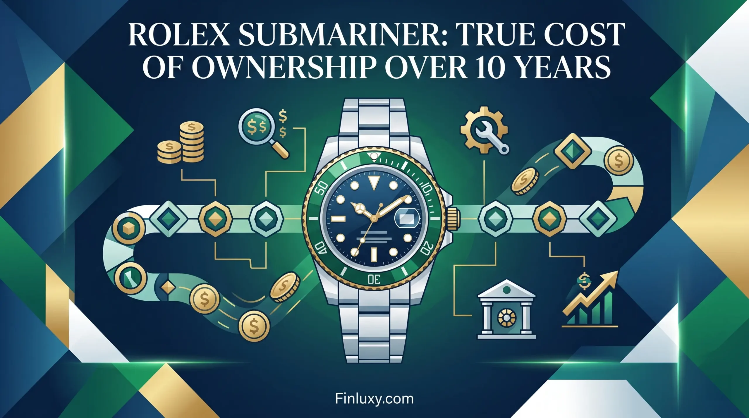 A modern geometric illustration of a Rolex Submariner surrounded by financial icons representing maintenance costs, appreciation, and long-term ownership over ten years.
