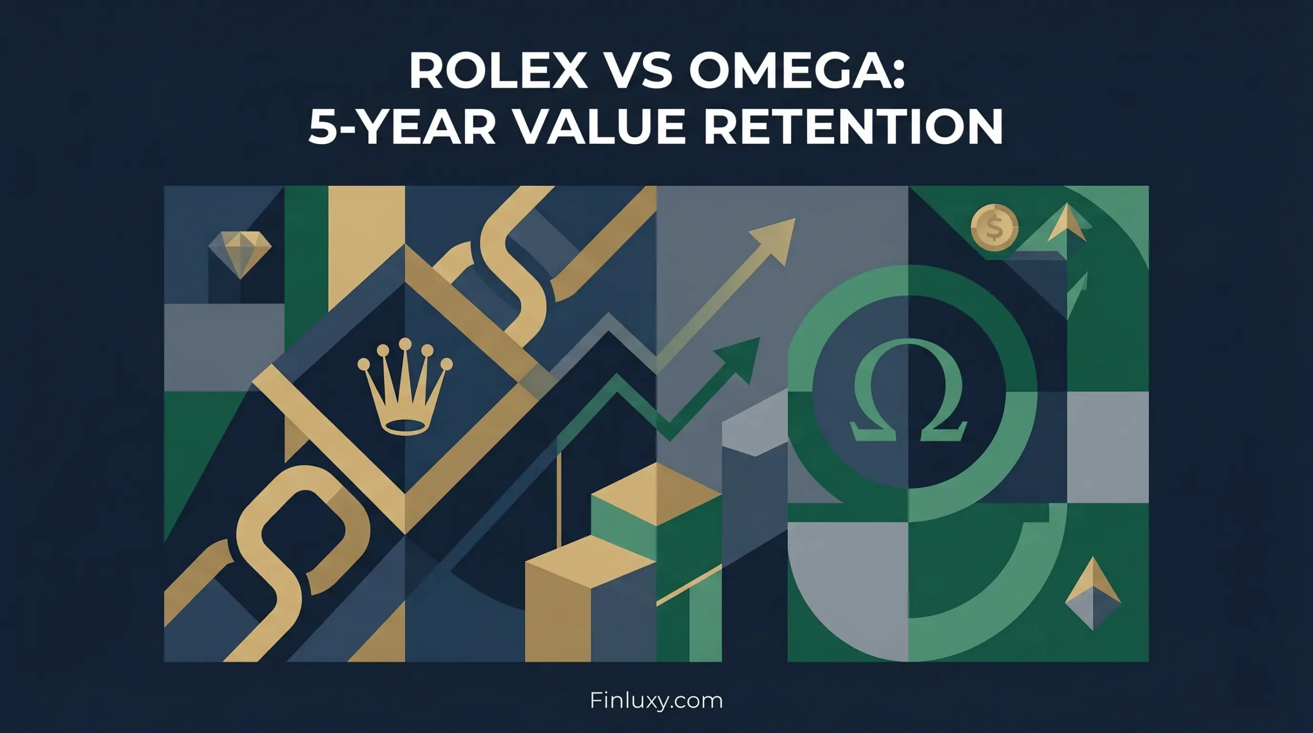 Geometric vector illustration with a headline about Rolex versus Omega value retention, featuring abstract brand symbols and growth arrows.