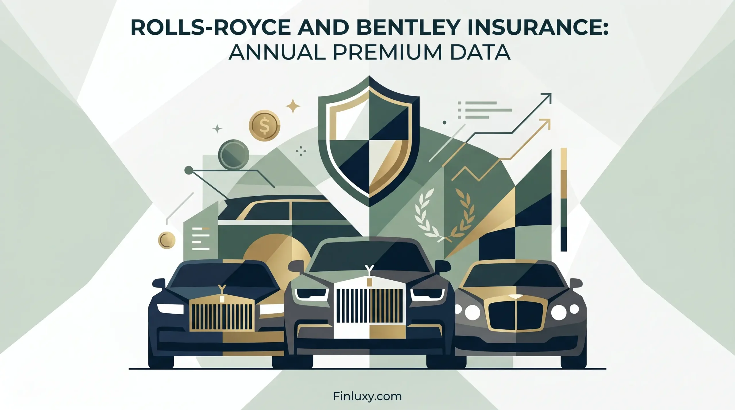 Geometric illustration of luxury cars and a protective shield, representing Rolls-Royce and Bentley insurance premiums.
