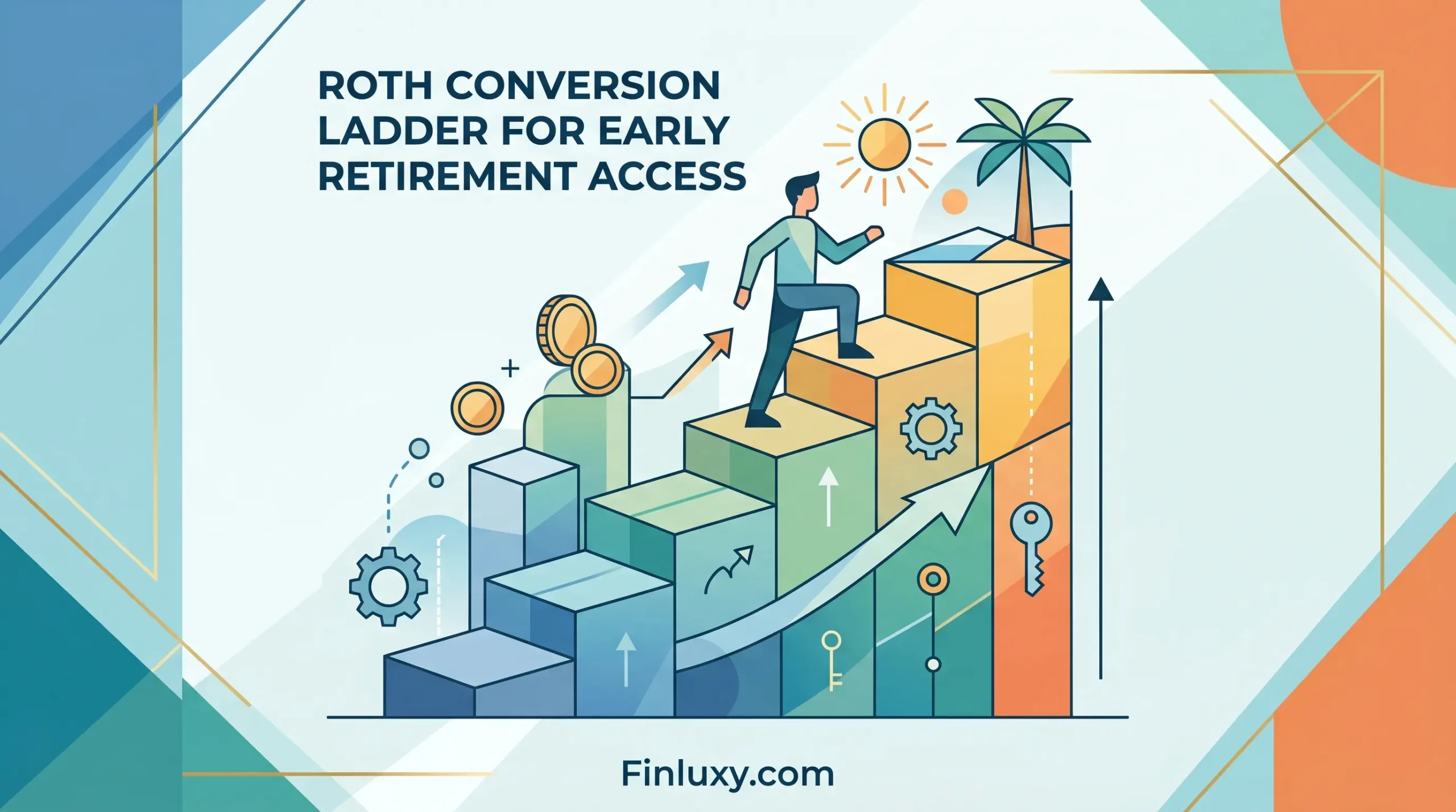 Geometric vector illustration of a person climbing a block staircase toward a tropical beach, symbolizing early retirement financial planning.