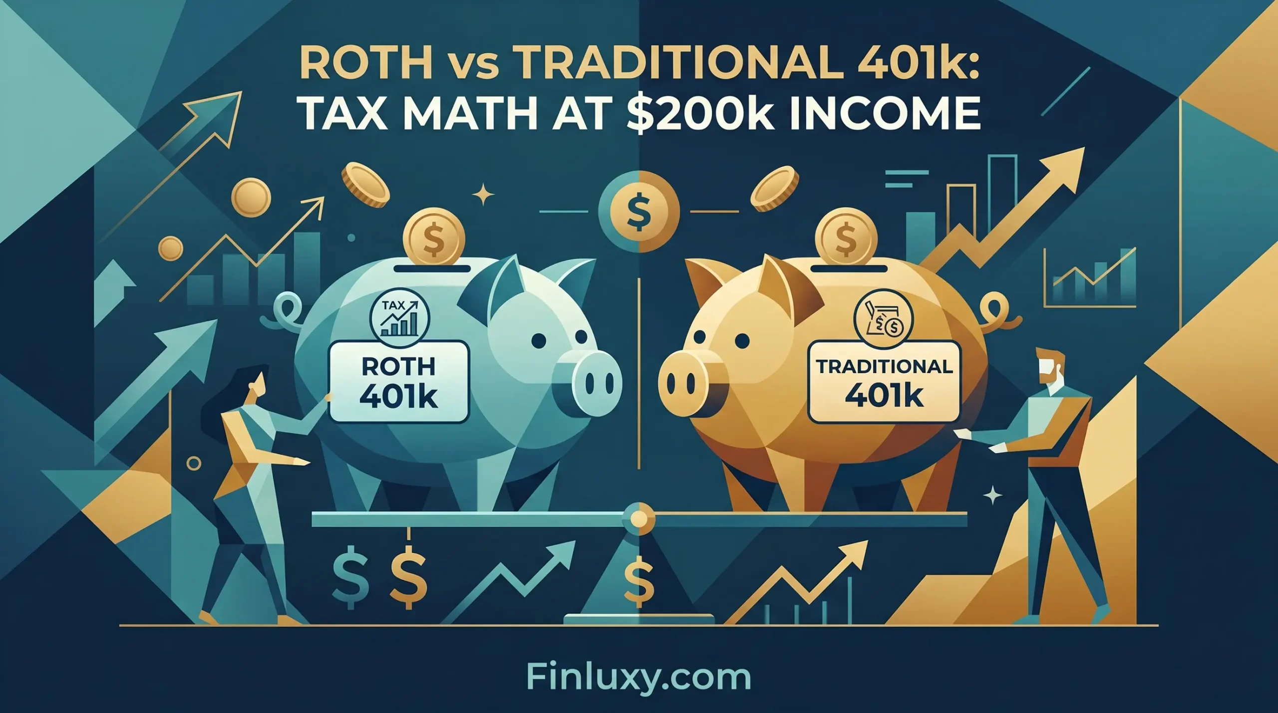 Geometric vector illustration comparing Roth and Traditional 401k on a scale for Finluxy.com.