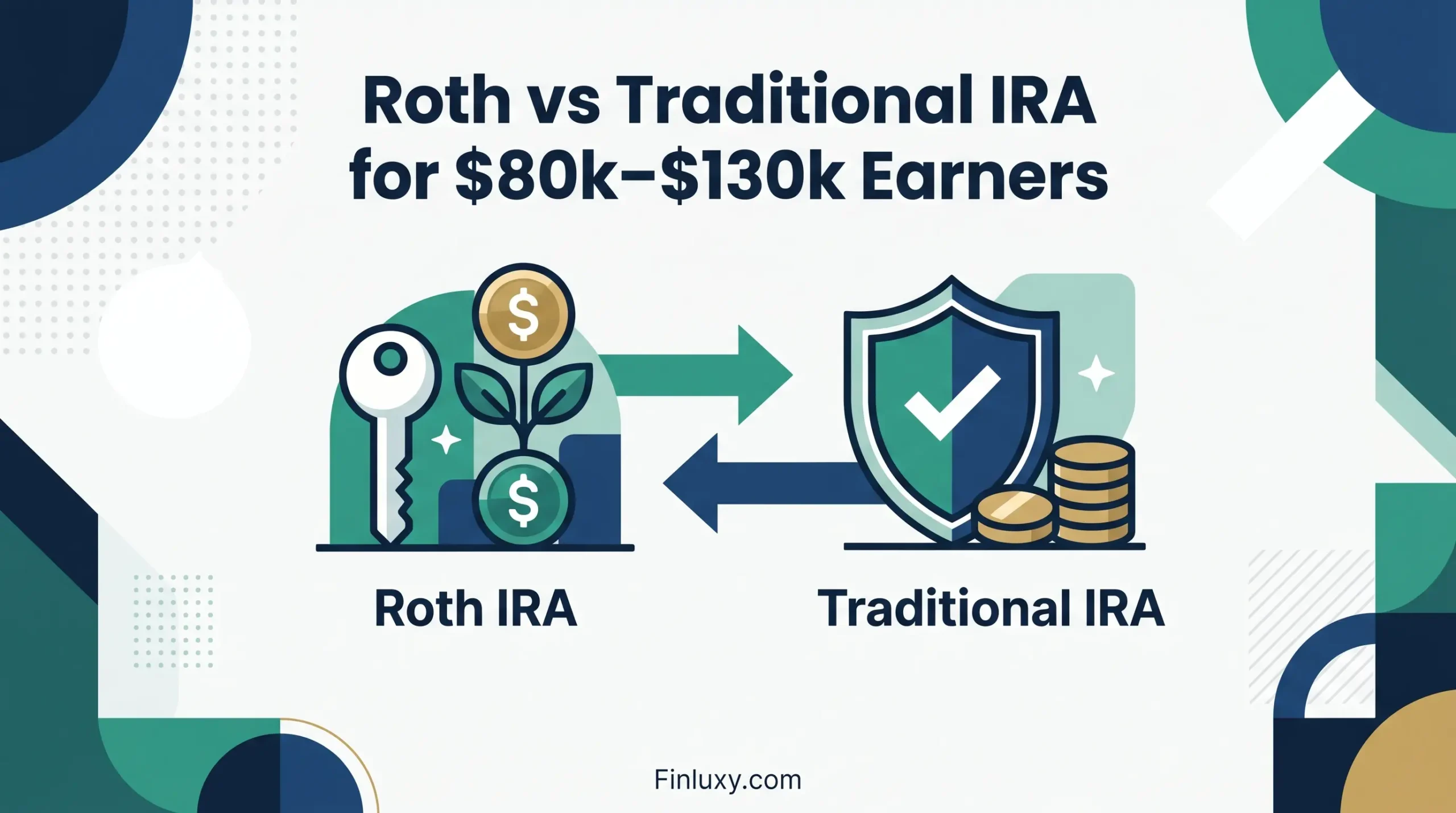 Geometric vector illustration comparing Roth and Traditional IRAs with a headline for mid-income earners on a clean, modern financial background.