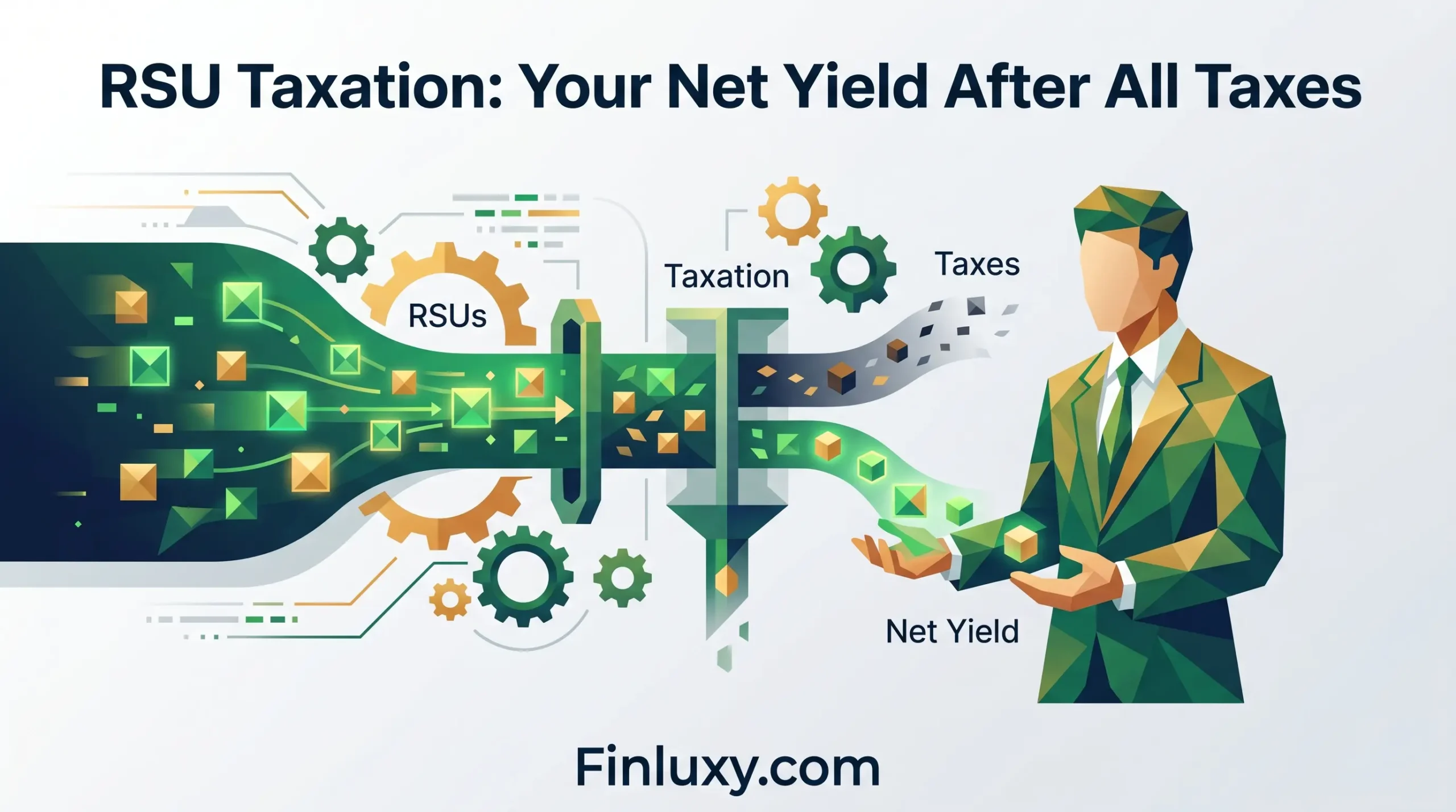 Modern geometric illustration of abstract financial elements representing RSU taxation and net yield, featuring the Finluxy logo.
