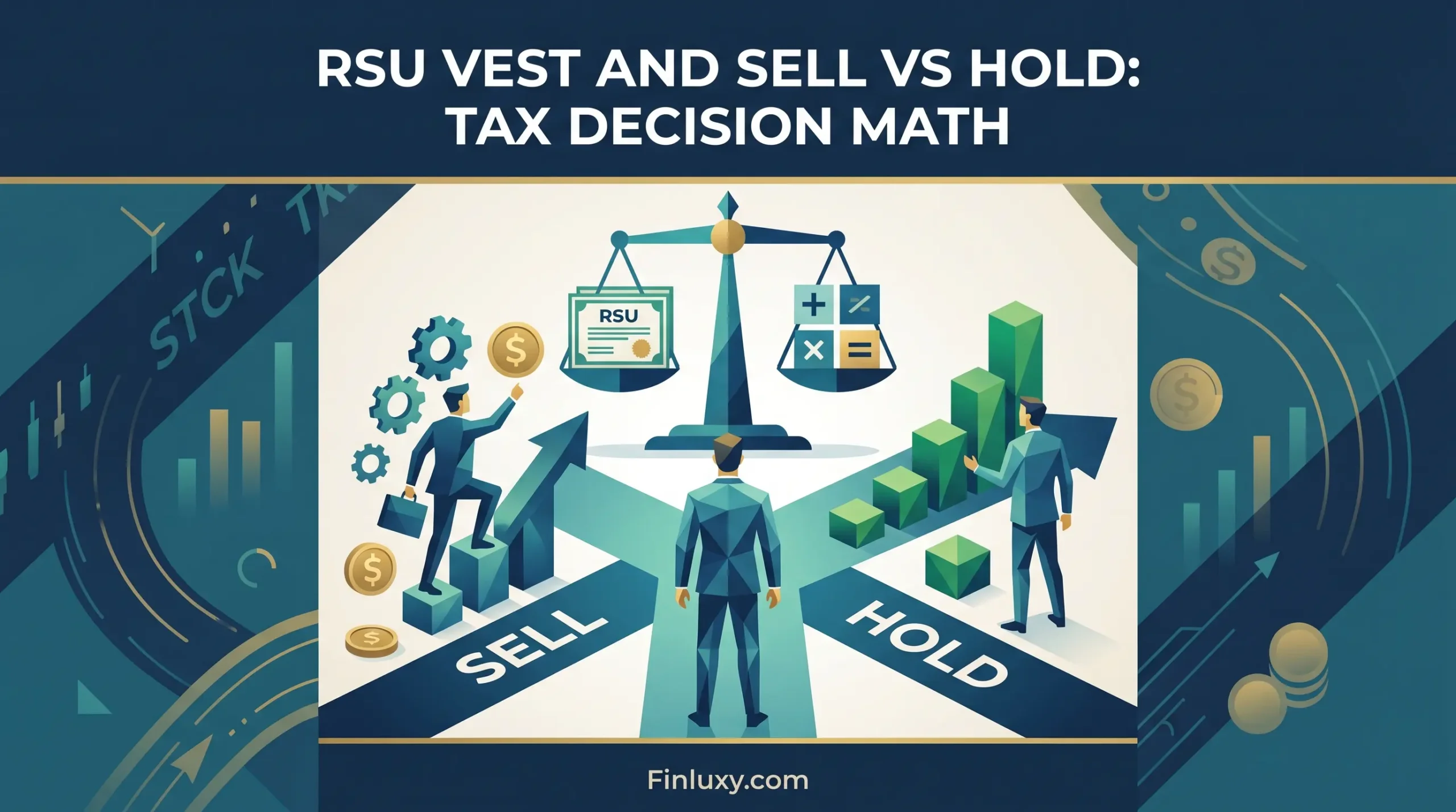 Geometric vector illustration of a person choosing between "Sell" and "Hold" paths for RSUs, with a balance scale.