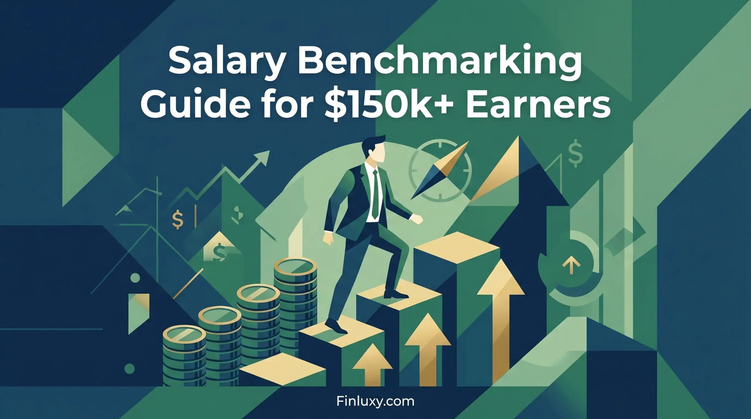 Abstract geometric illustration of a faceless professional climbing steps alongside coins and upward arrows, representing career and salary growth.