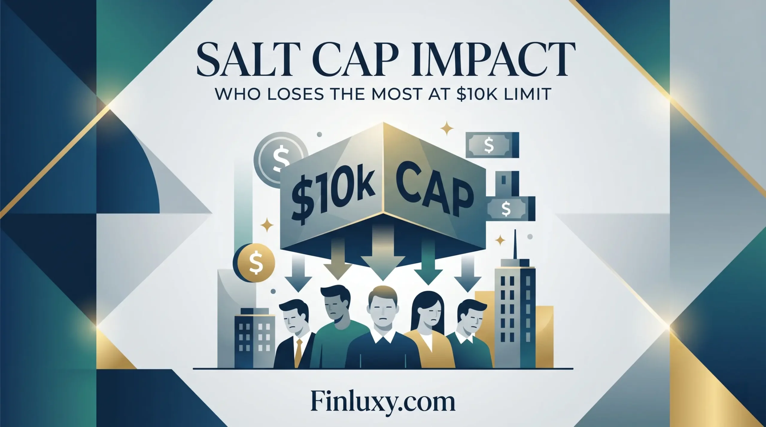 Modern geometric illustration showing a $10k cap block weighing down on stylized people, representing tax impact.