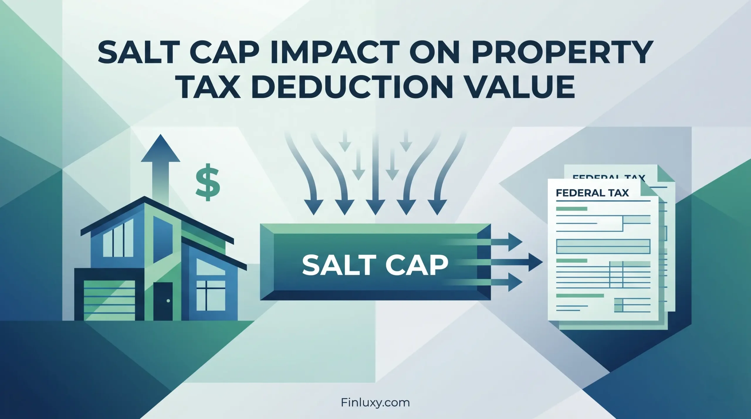 A clean geometric illustration shows a house, a 'SALT CAP' block, and tax forms, visualizing the tax deduction impact.
