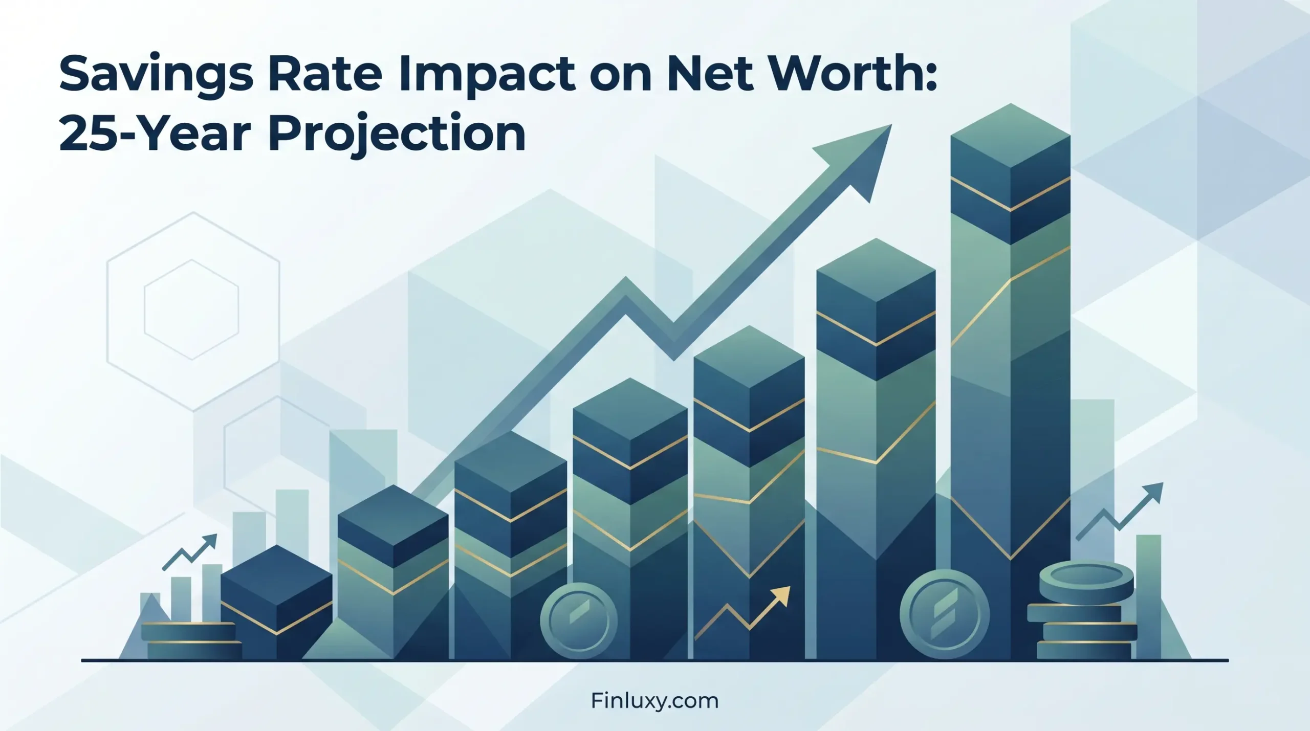 Geometric vector illustration of growing bar stacks and upward arrows symbolizing net worth projection, with a title and website URL.