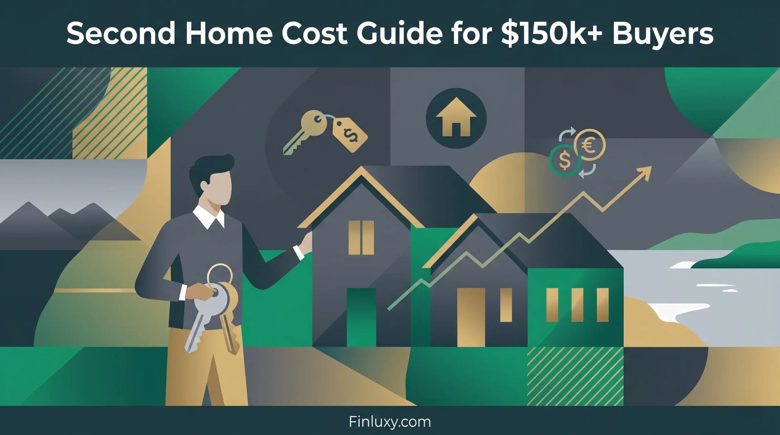 A geometric vector illustration shows a man with keys near modern homes, with a growth arrow and finance icons.