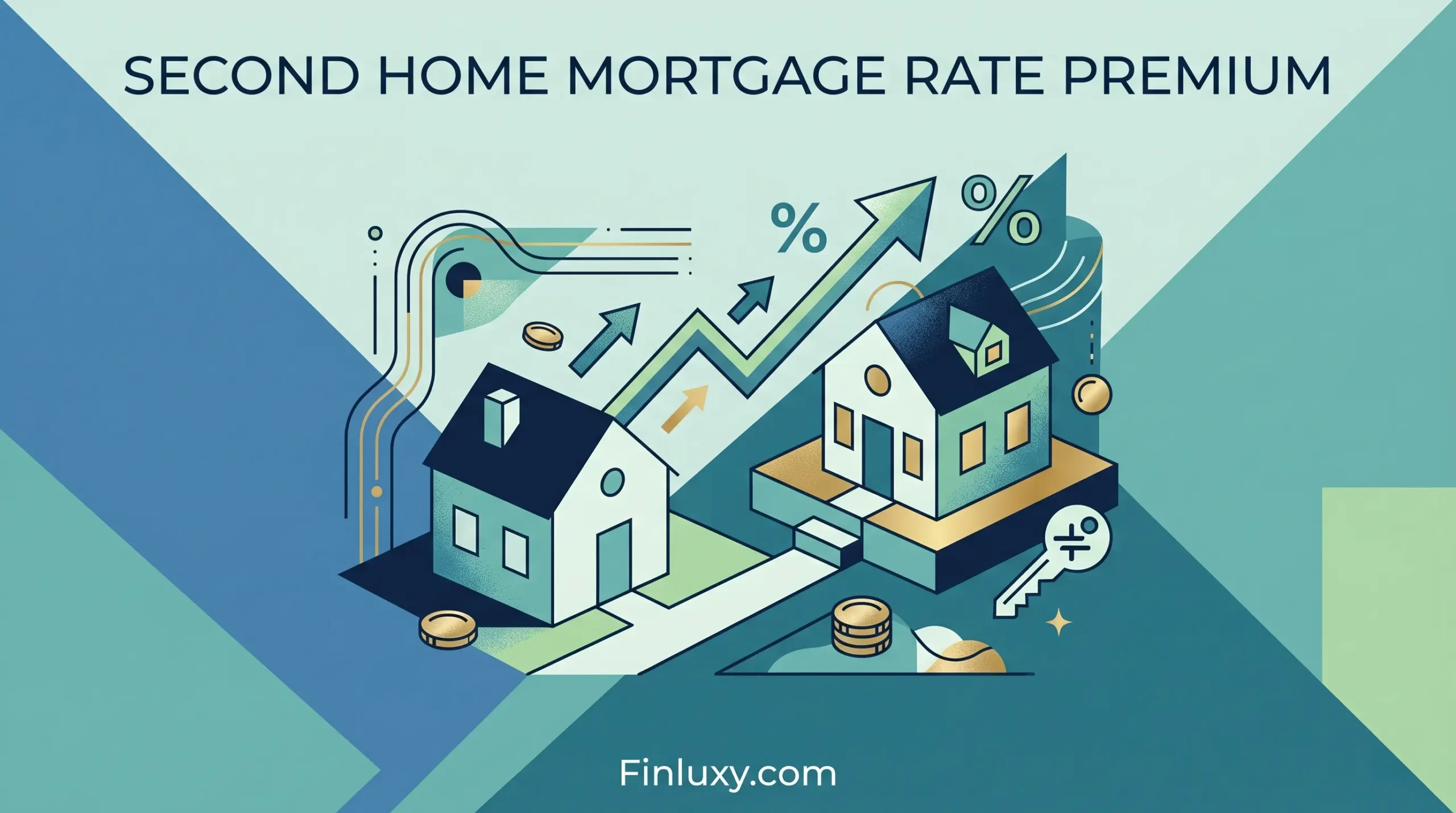 Geometric illustration showing an increased interest rate arrow and a higher price tag for a second home, representing a mortgage rate premium.