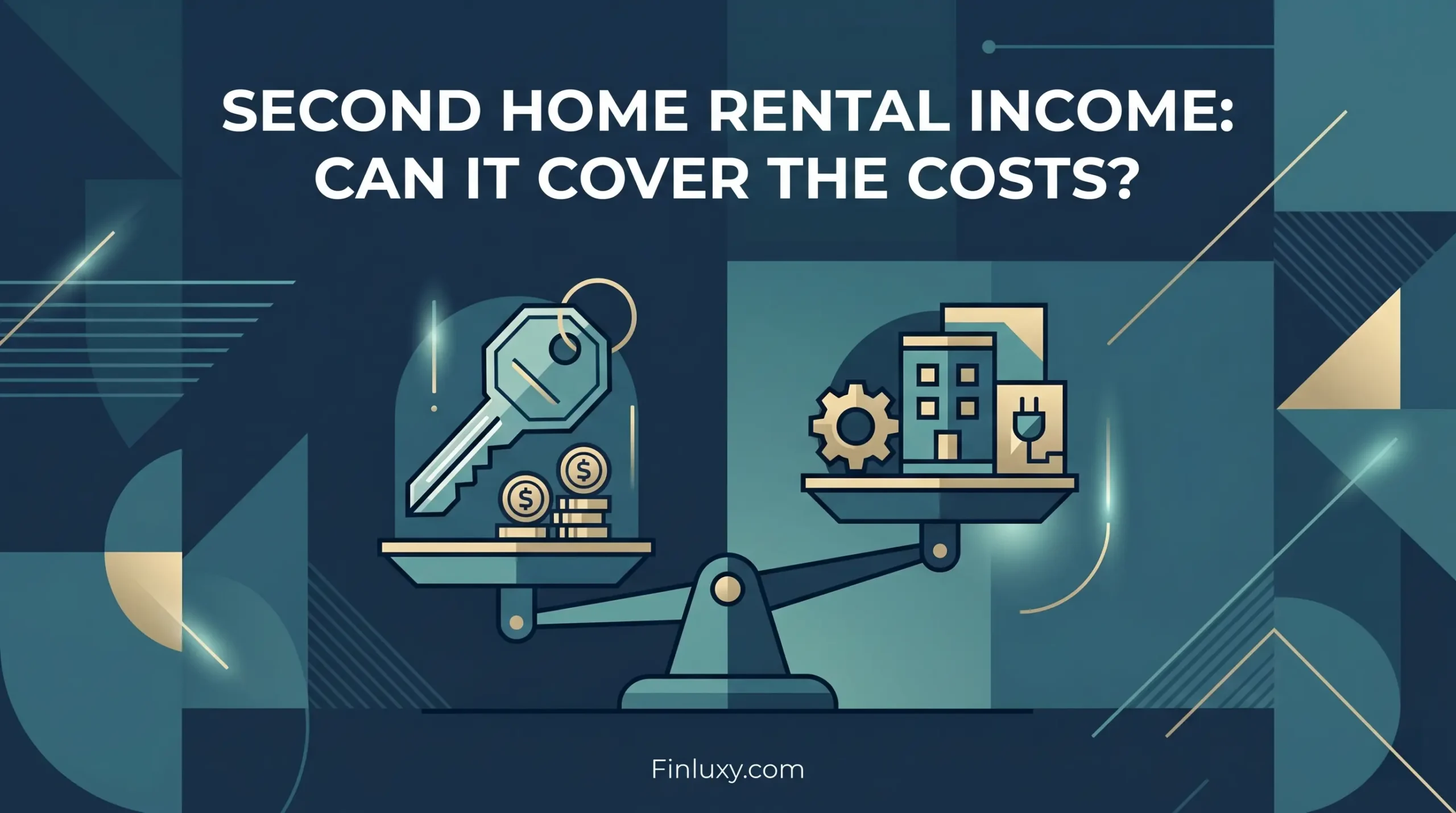 A geometric vector illustration showing a scale balancing a house key and coins against expense icons for a second home.