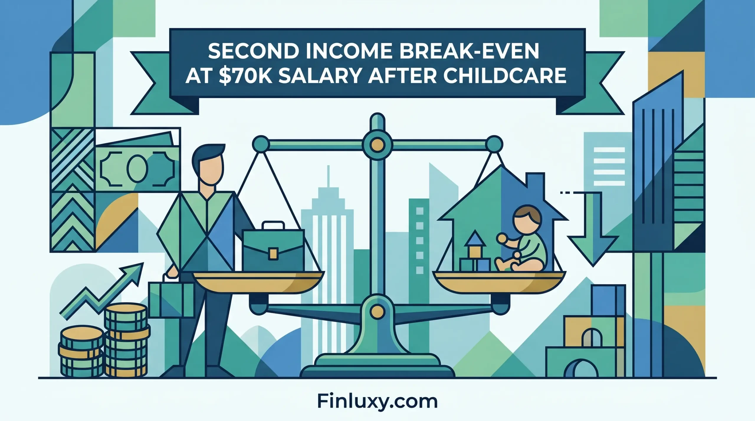 Geometric illustration of a balanced scale comparing a worker's income against childcare costs at home.
