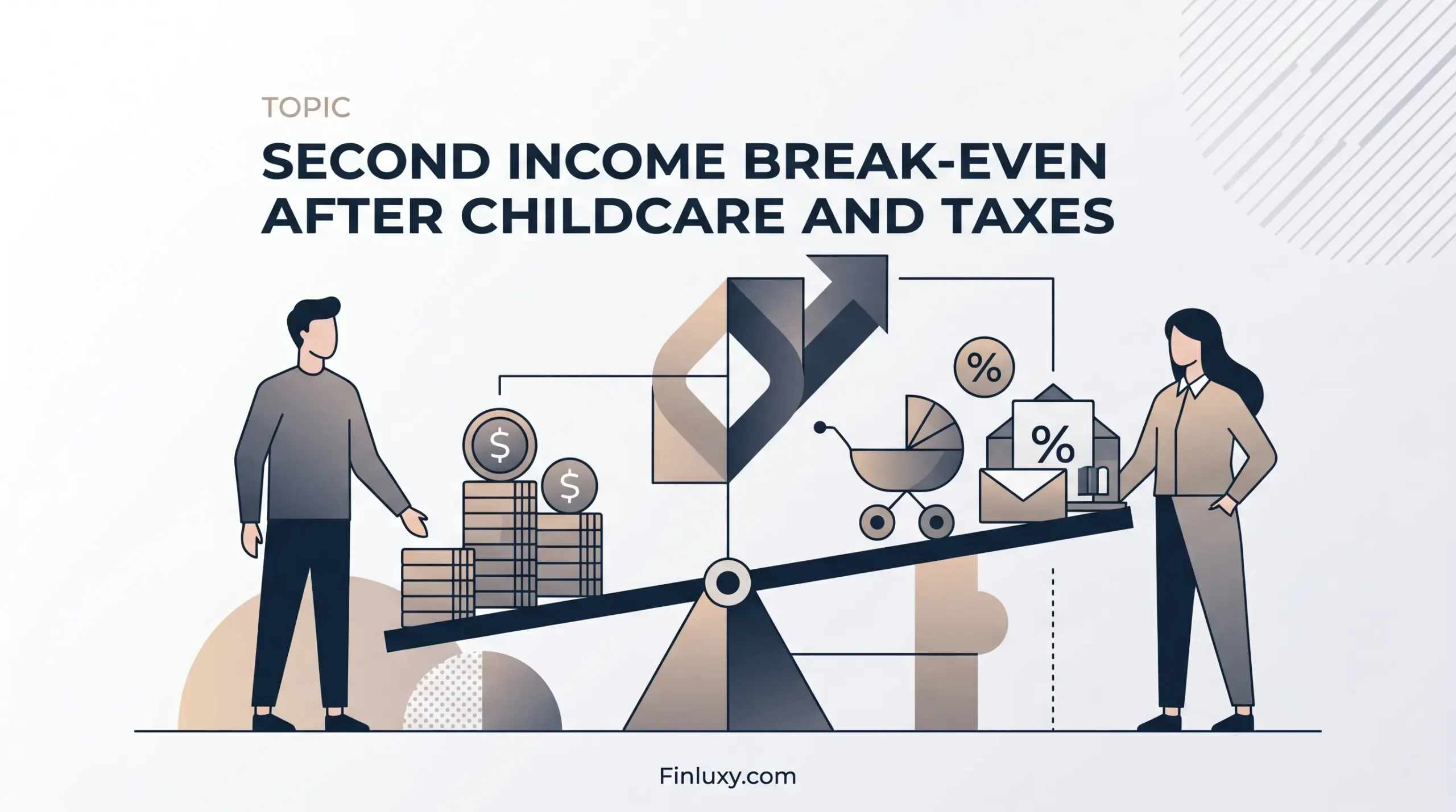 Geometric vector illustration of a balance scale weighing income coins against a stroller and tax symbols, titled for Finluxy.com.