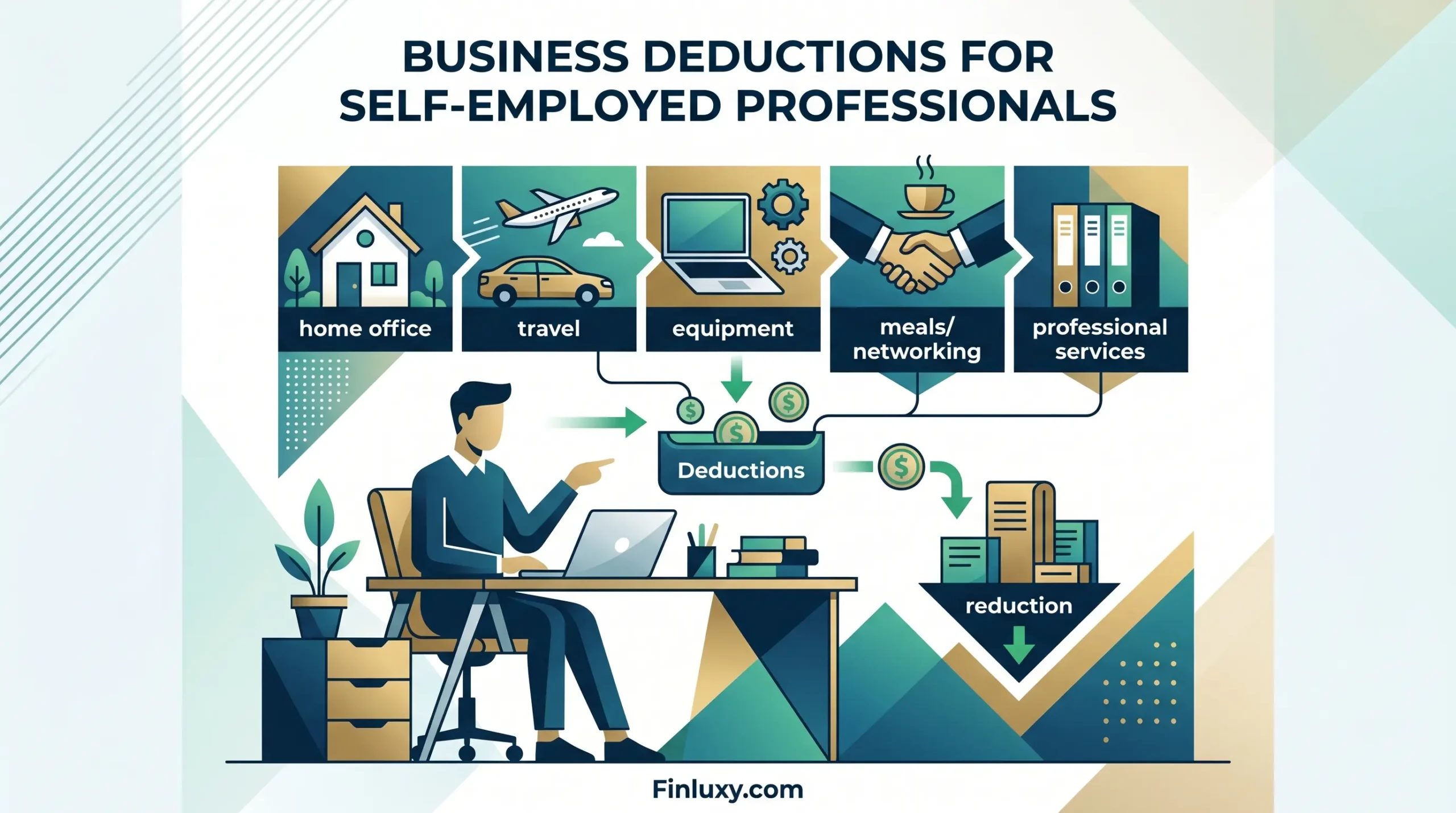 A vector illustration with a diagram showing how business deductions reduce the tax burden for a self-employed professional working at a desk.