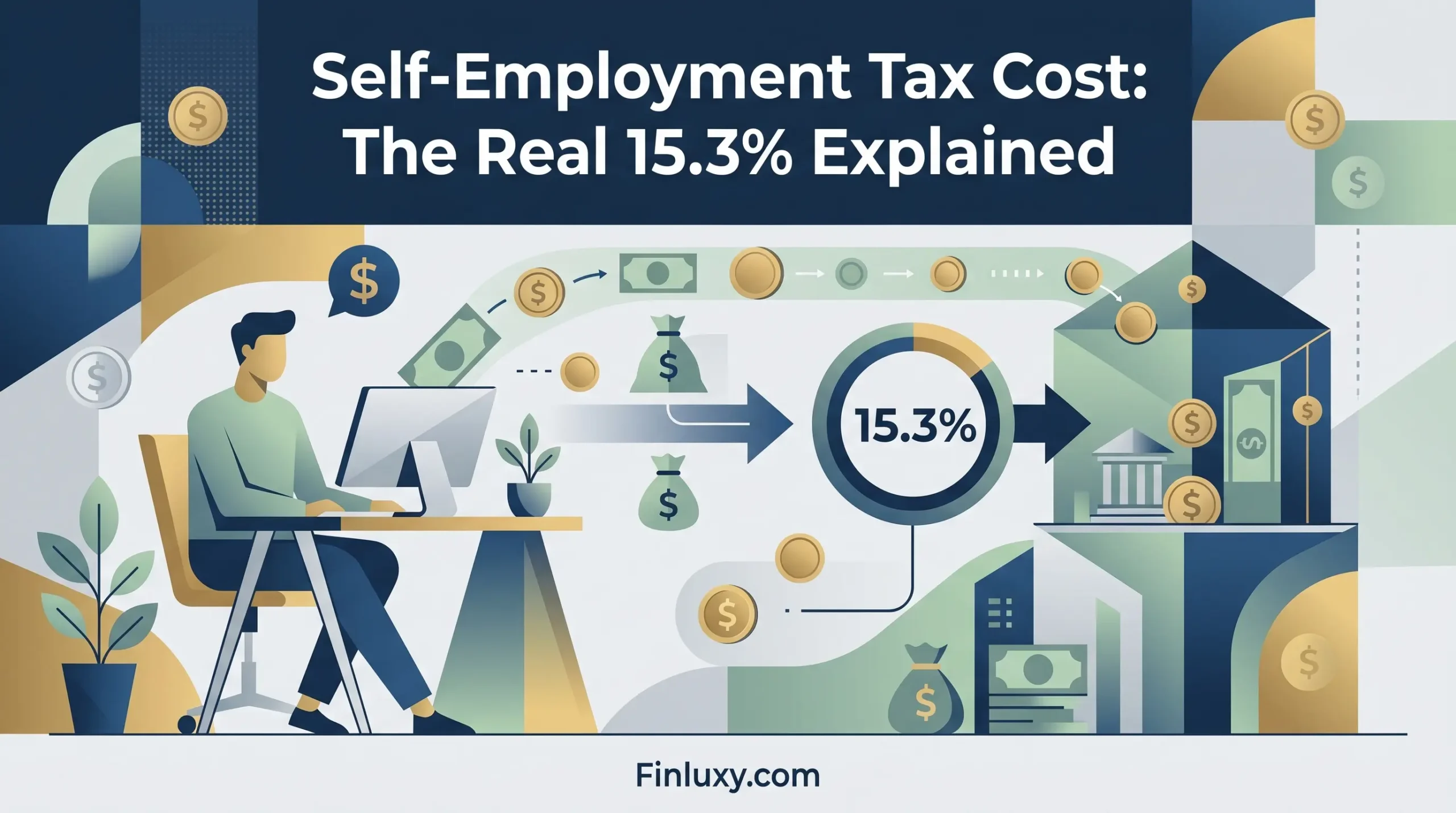 A geometric illustration of a freelancer at a computer, with an arrow pointing through a "15.3%" circle towards a bank building.