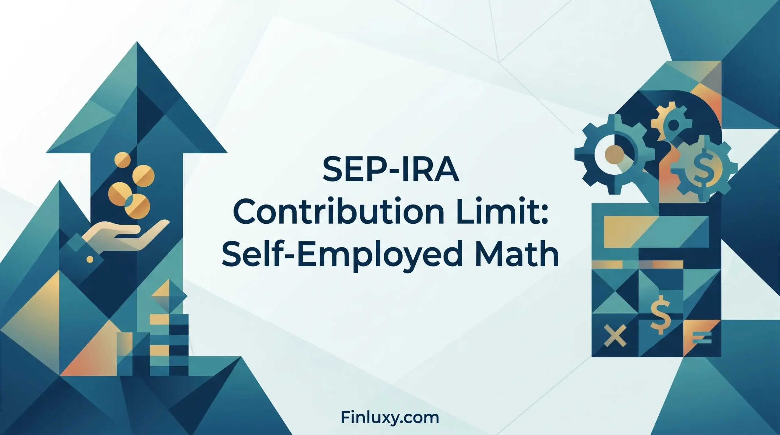 Geometric vector illustration featuring financial shapes and the headline "SEP-IRA Contribution Limit: Self-Employed Math" on a clean, modern background.