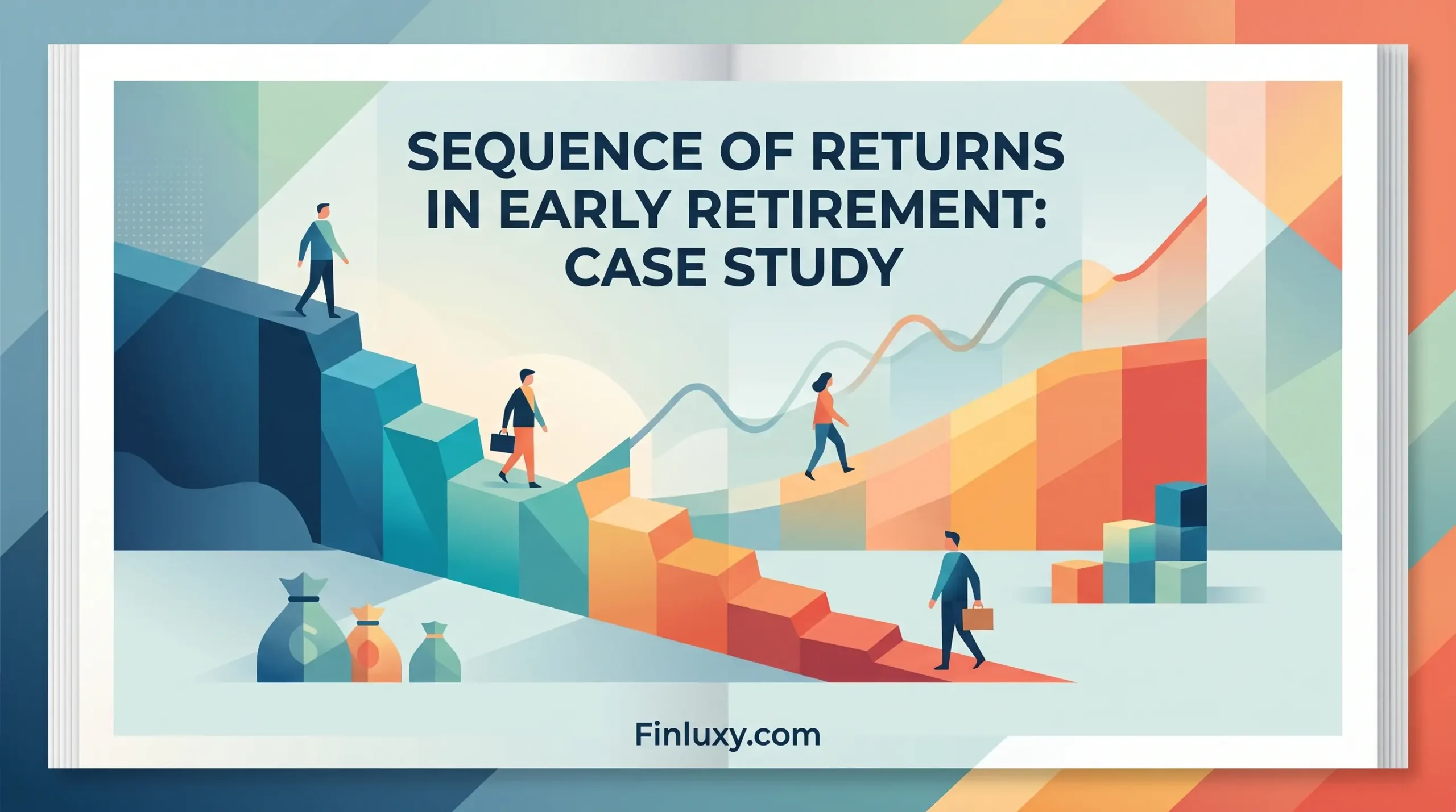 Geometric vector illustration of stylized figures walking on rising and falling blocks, featuring the headline "Sequence of Returns in Early Retirement: Case Study."