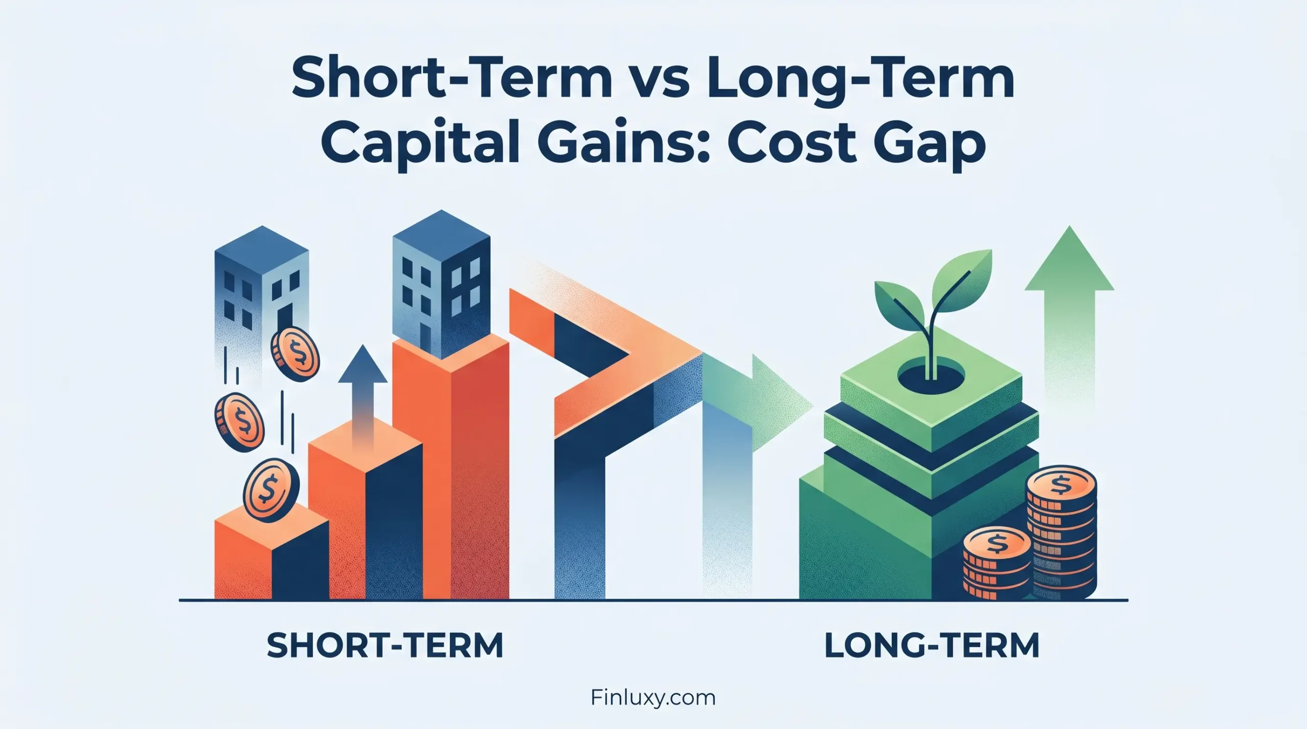 Geometric vector illustration comparing short-term and long-term capital gains costs, featuring clean composition, subtle finance elements, and the website URL.