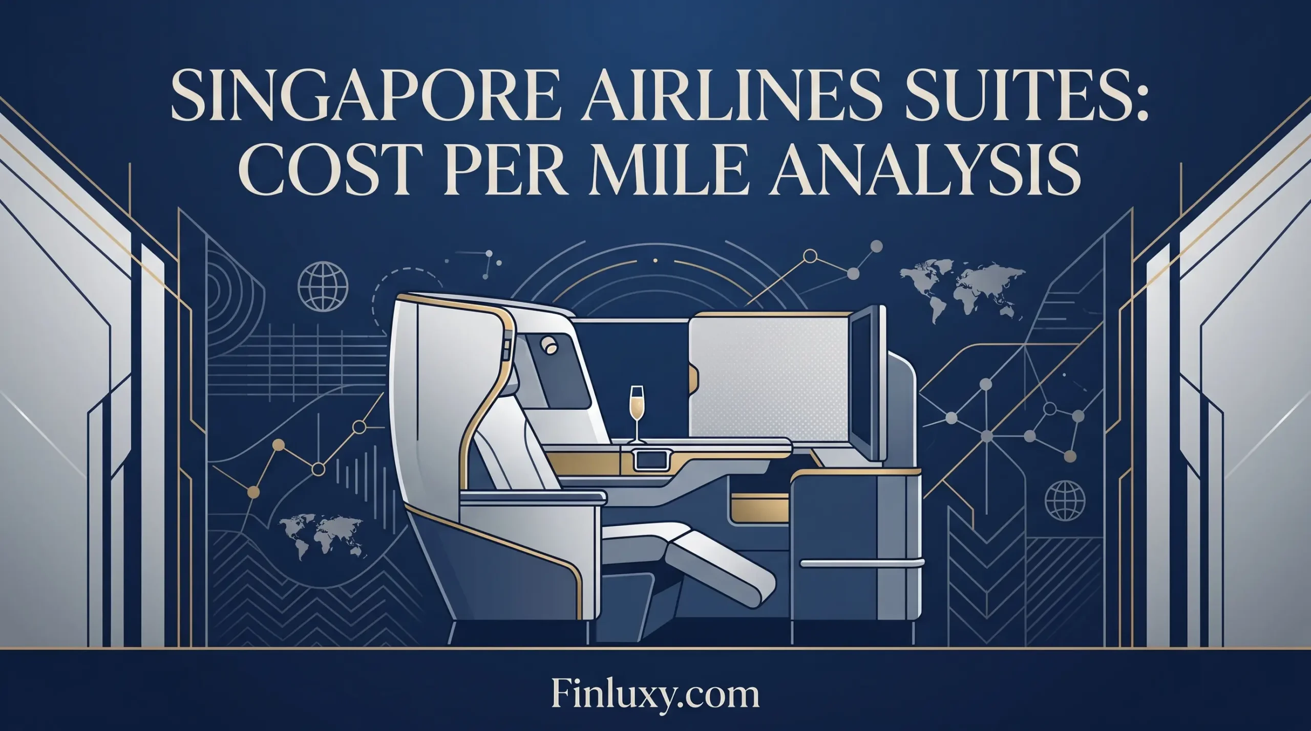 Geometric illustration of a luxury airline suite on a dark blue background with the headline "Singapore Airlines Suites: Cost Per Mile Analysis".