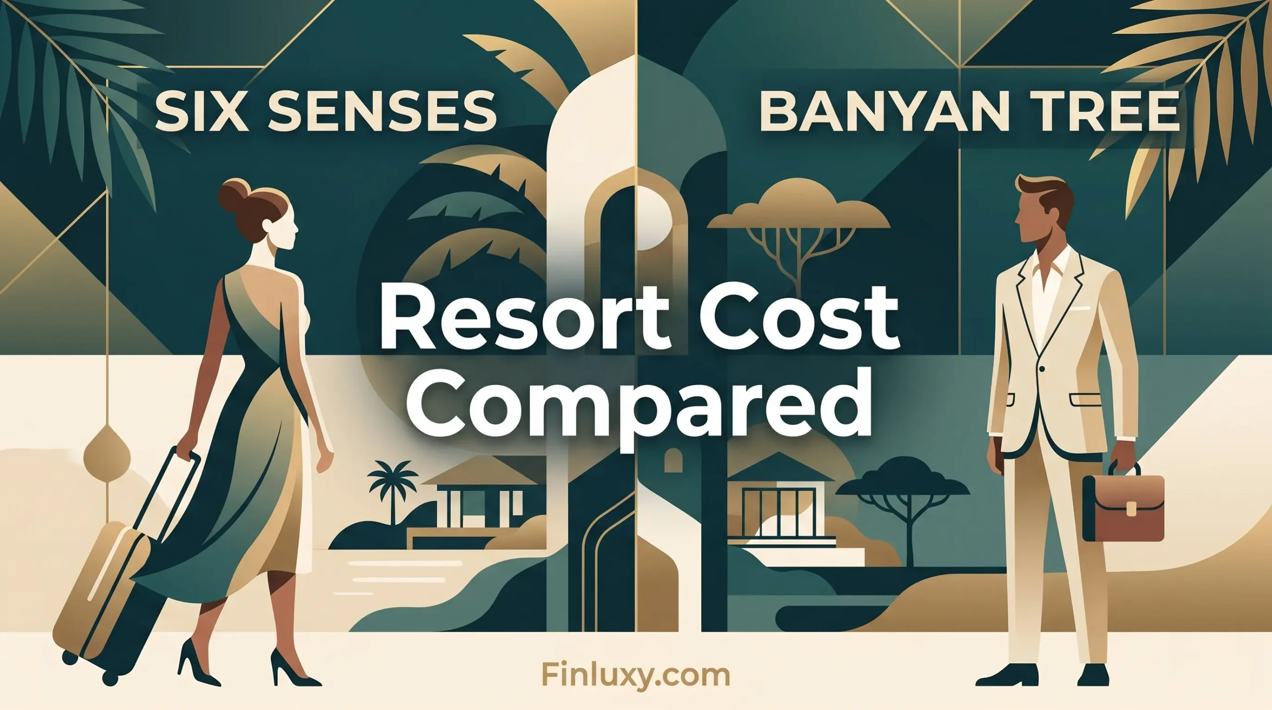 Geometric vector illustration comparing luxury resort costs, featuring stylized travelers, tropical elements, and the text "Resort Cost Compared" on Finluxy.com.
