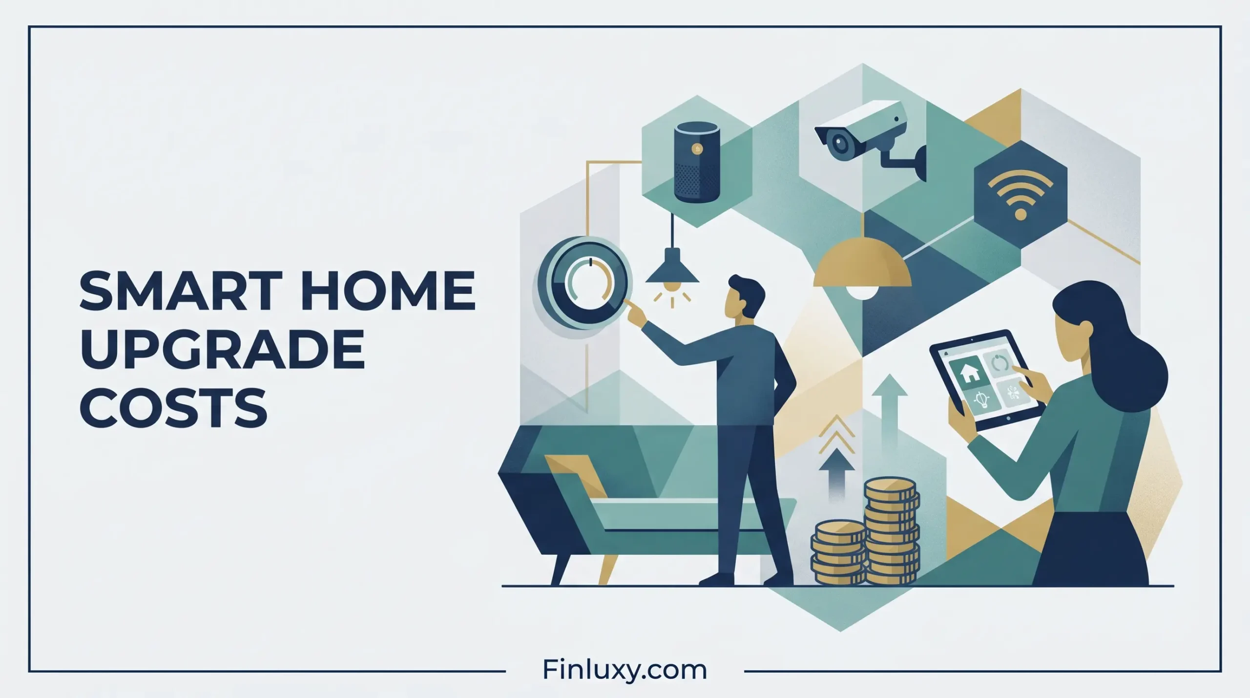 Geometric vector illustration of people managing smart home devices and costs, for Finluxy.com.
