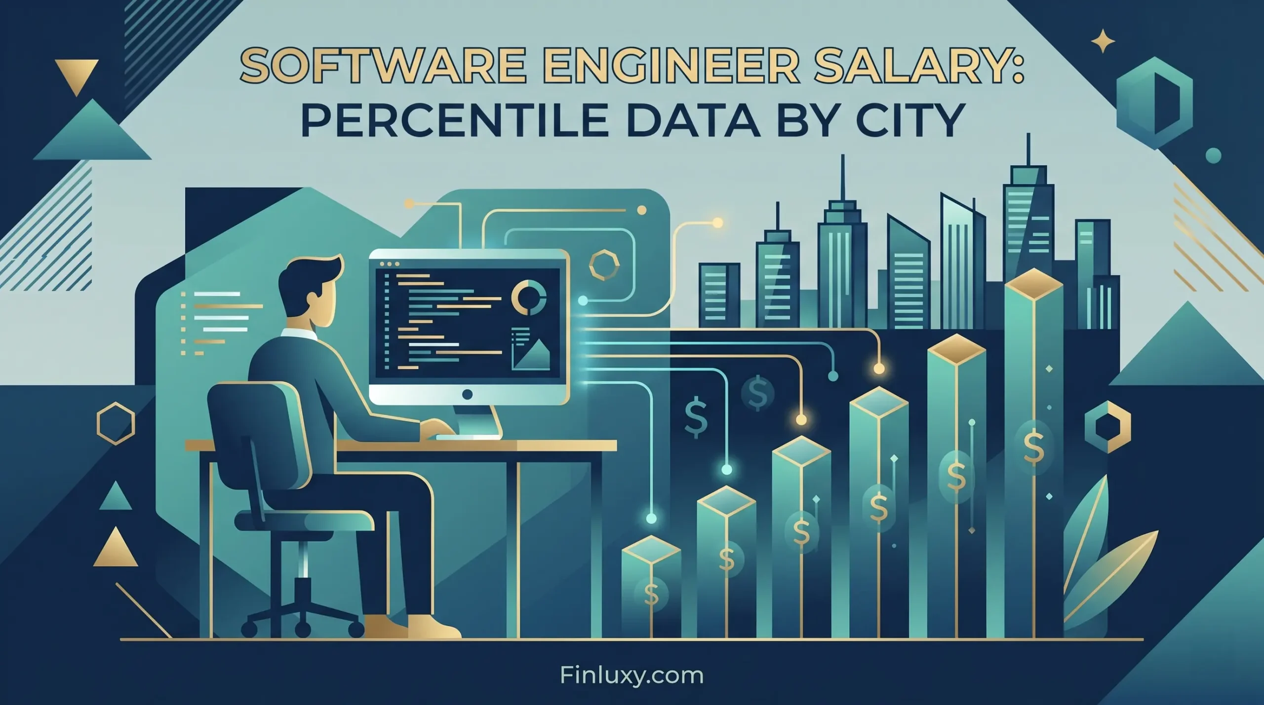 A modern geometric illustration shows a developer coding, with rising dollar-symbol bars and city skylines representing salary data.