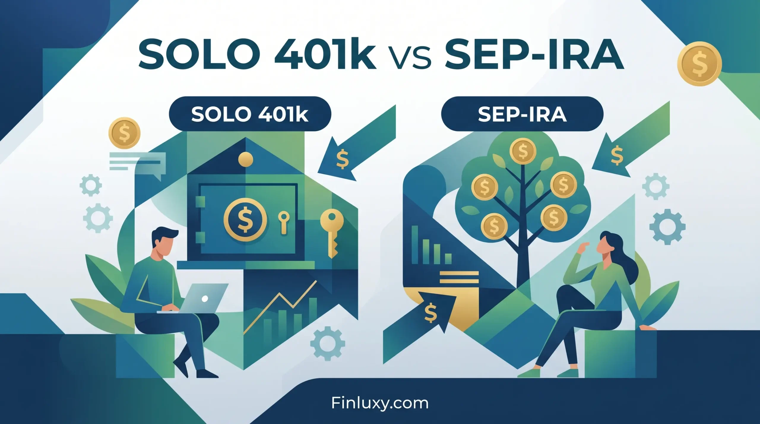 A comparison of retirement plans showing a person with a vault for a Solo 401k and a person with a money tree for a SEP-IRA.