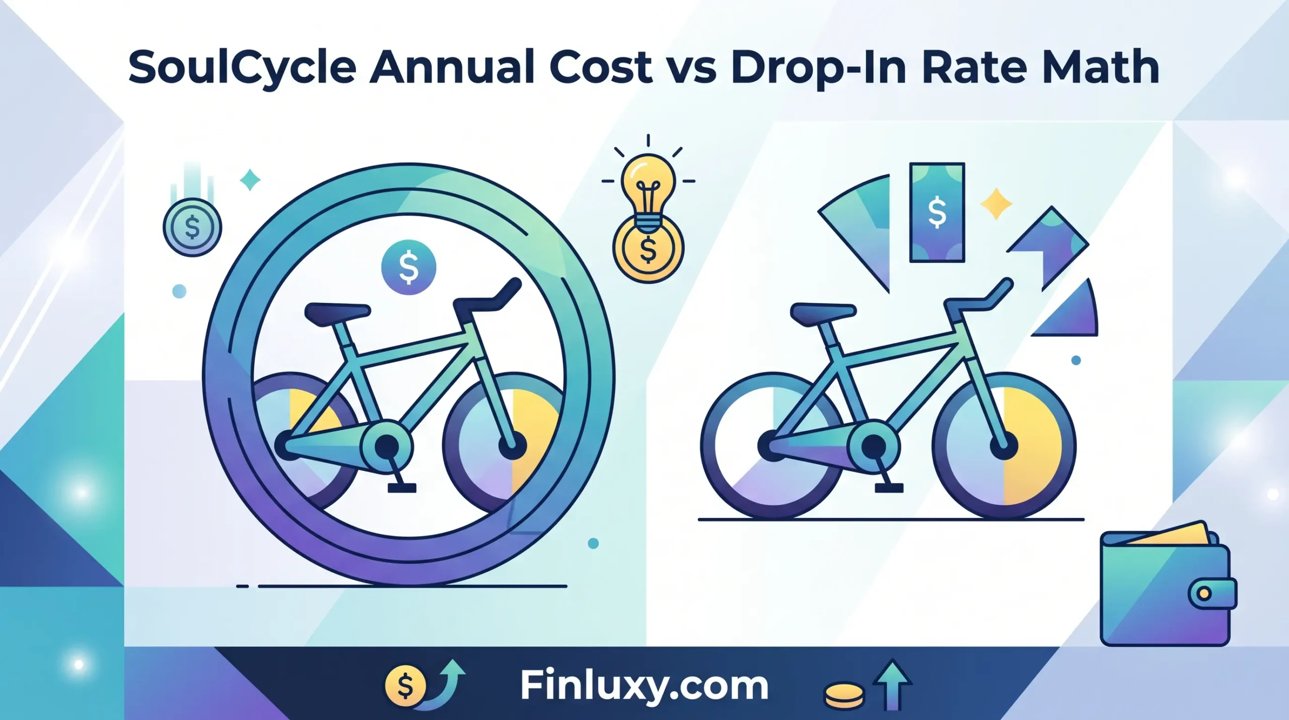 Geometric vector illustration comparing fitness bike costs, featuring the headline "SoulCycle Annual Cost vs Drop-In Rate Math" and Finluxy.com.