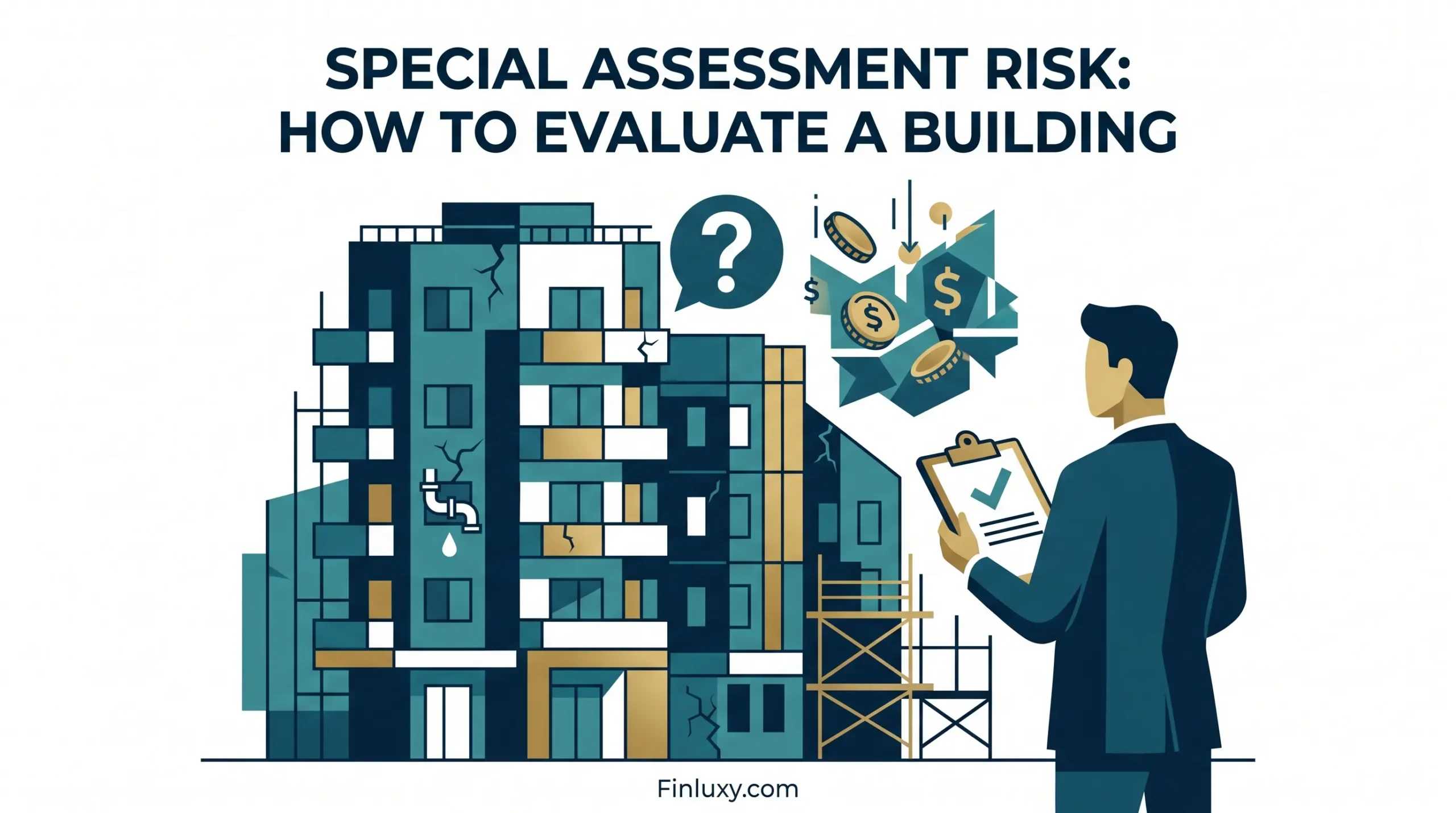Modern geometric illustration of an inspector evaluating a cracked apartment building for financial risks, with Finluxy branding.