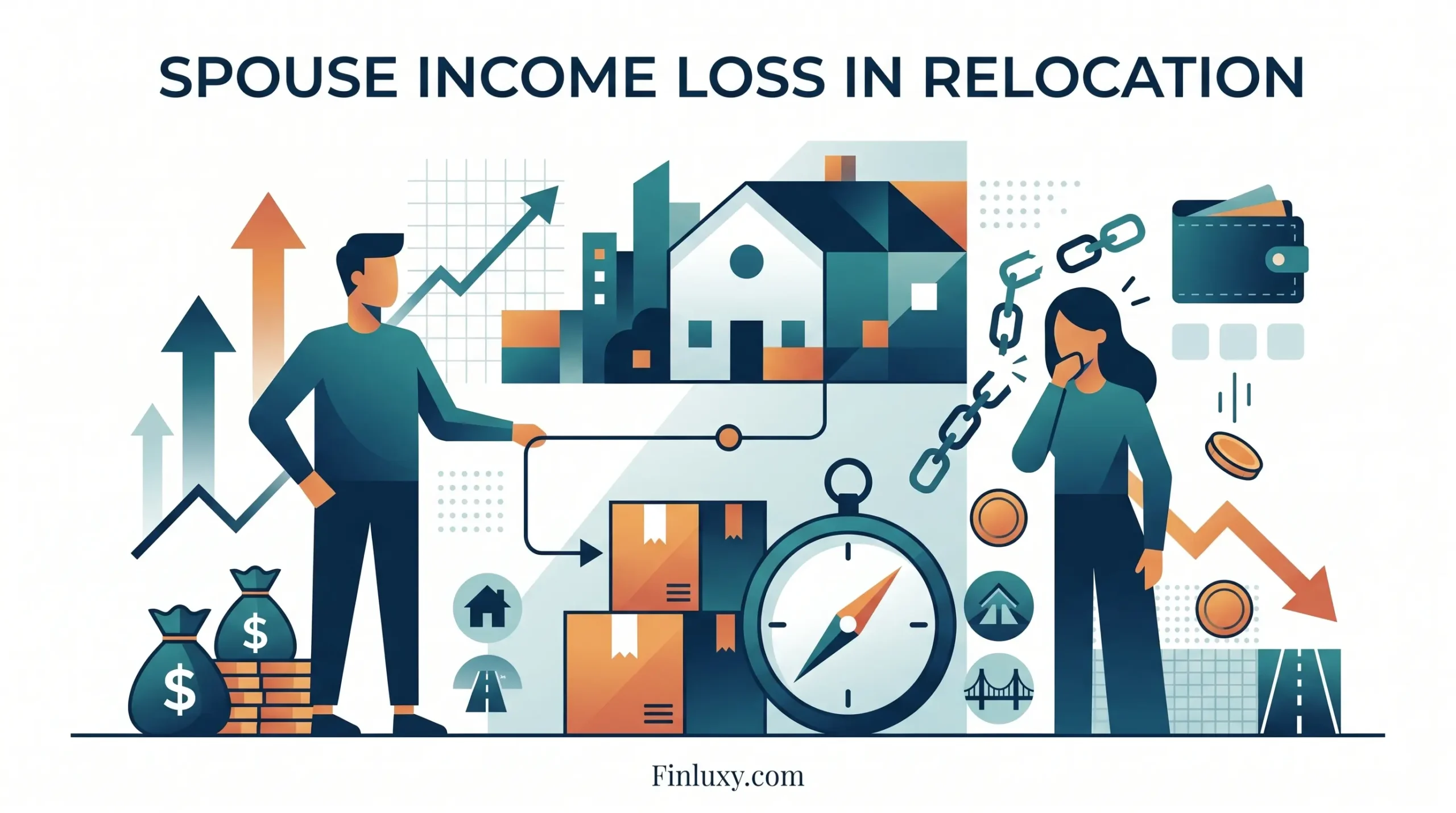 A modern geometric vector illustration illustrating a couple facing financial changes during relocation, with one partner seeing growth and the other experiencing income loss. Finluxy.com