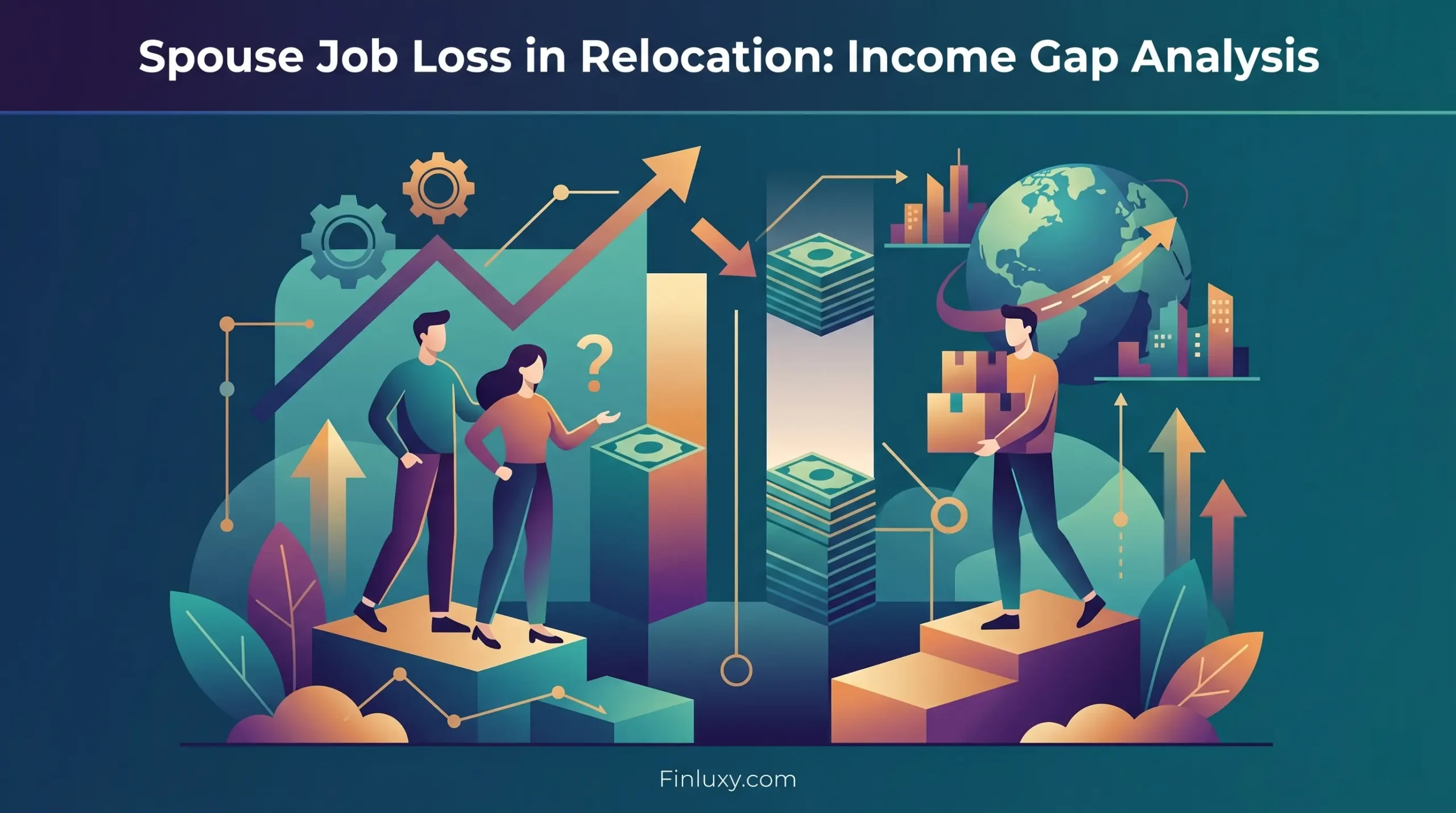 Minimalist geometric illustration of two figures facing an abstract gap, representing income loss during relocation.