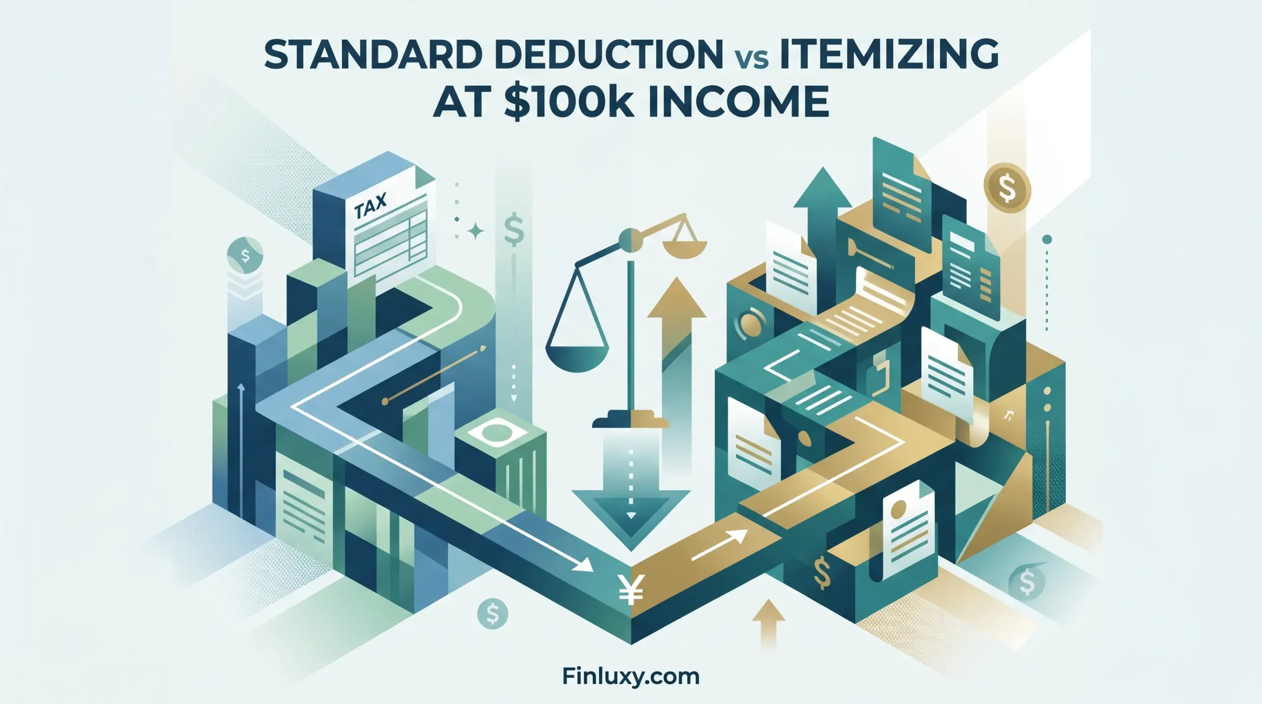 Geometric illustration weighing standard deduction versus itemizing for a 100k income, for Finluxy.com.