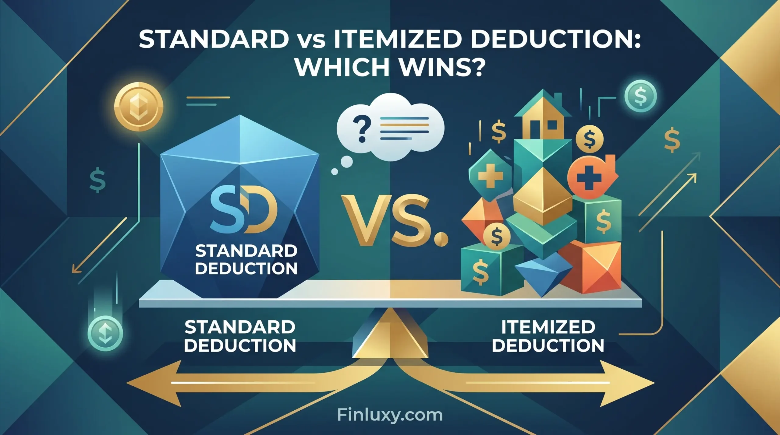A geometric vector illustration on a blue and green gradient background. It shows a visual comparison between 'Standard Deduction' and 'Itemized Deduction' represented as two differing sides of a digital scale. The top headline reads, "STANDARD vs ITEMIZED DEDUCTION: WHICH WINS?". The left side features a clean, single polygonal shape for Standard, and the right side features an intricate stack of various shapes with symbols for Itemized, including housing and health icons, all under a 'VS.' graphic and a thought bubble with a question mark. Small gold and green coins float around the scale. At the bottom, a white and gold arrow points left and right with 'Finluxy.com' in the center. The composition is clean, modern, and vector-style.