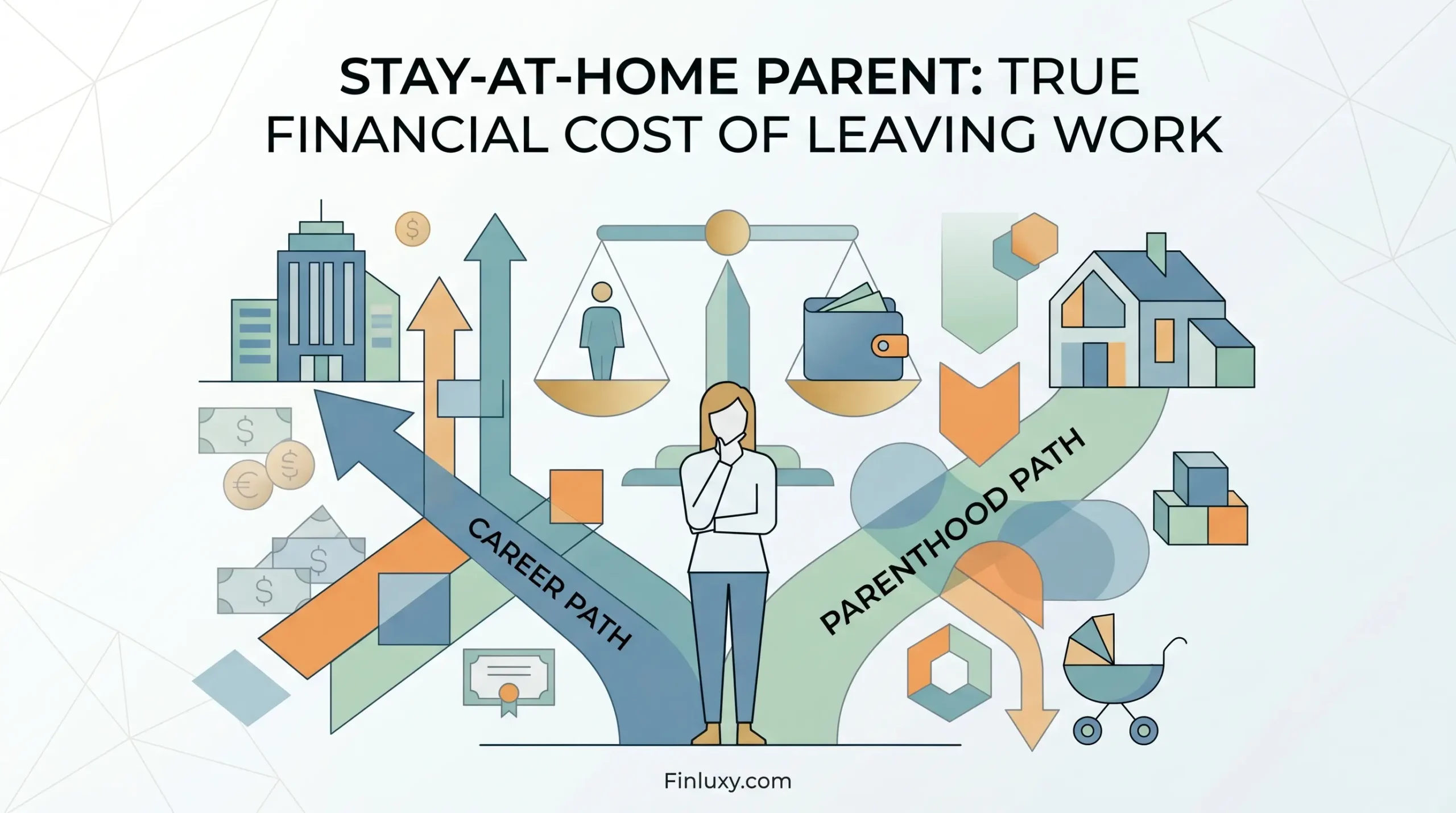 Geometric vector illustration of a person deciding between a career path and parenthood path, with the Finluxy headline above.