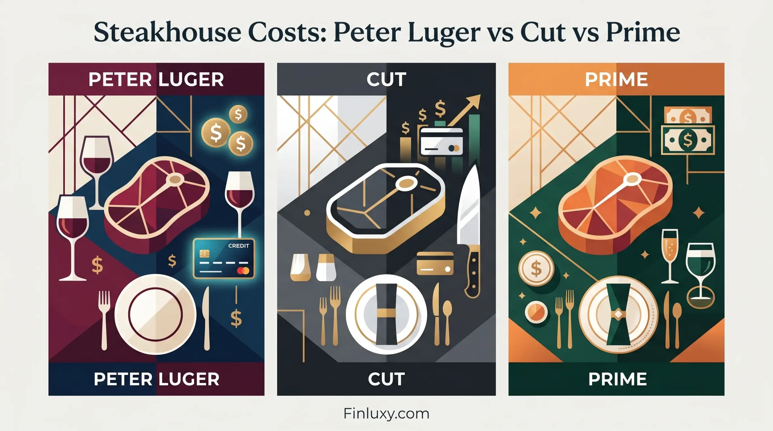 A geometric vector illustration comparing steakhouse costs across three panels for Peter Luger, Cut, and Prime.