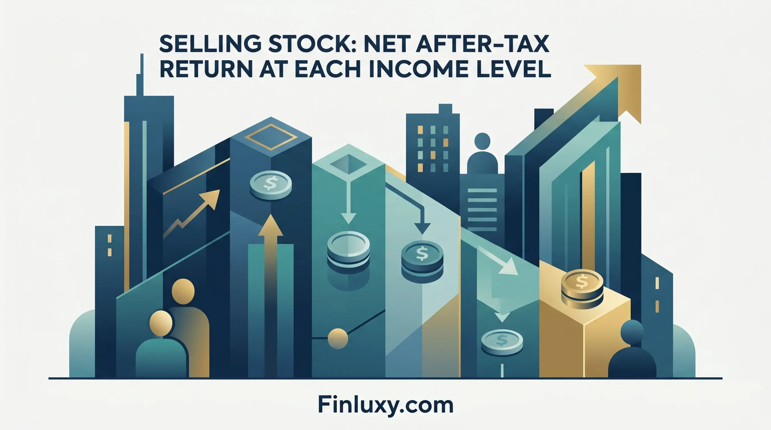 Geometric vector illustration representing stock returns and tax levels, featuring the headline "Selling Stock: Net After-Tax Return at Each Income Level."