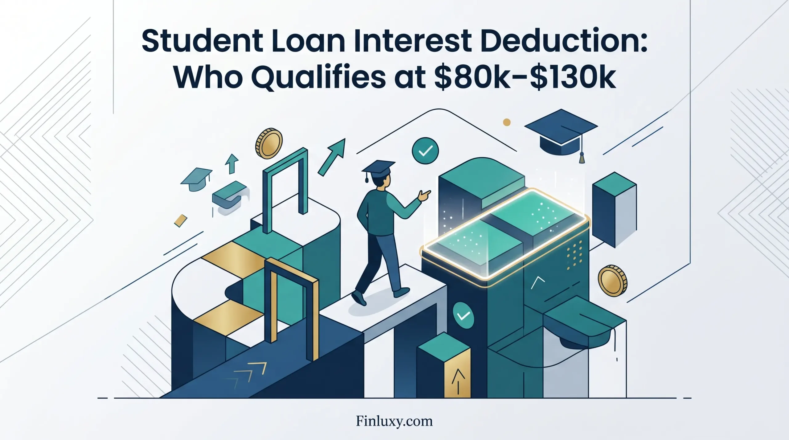 An isometric geometric illustration of a student navigating financial steps toward a tax deduction.