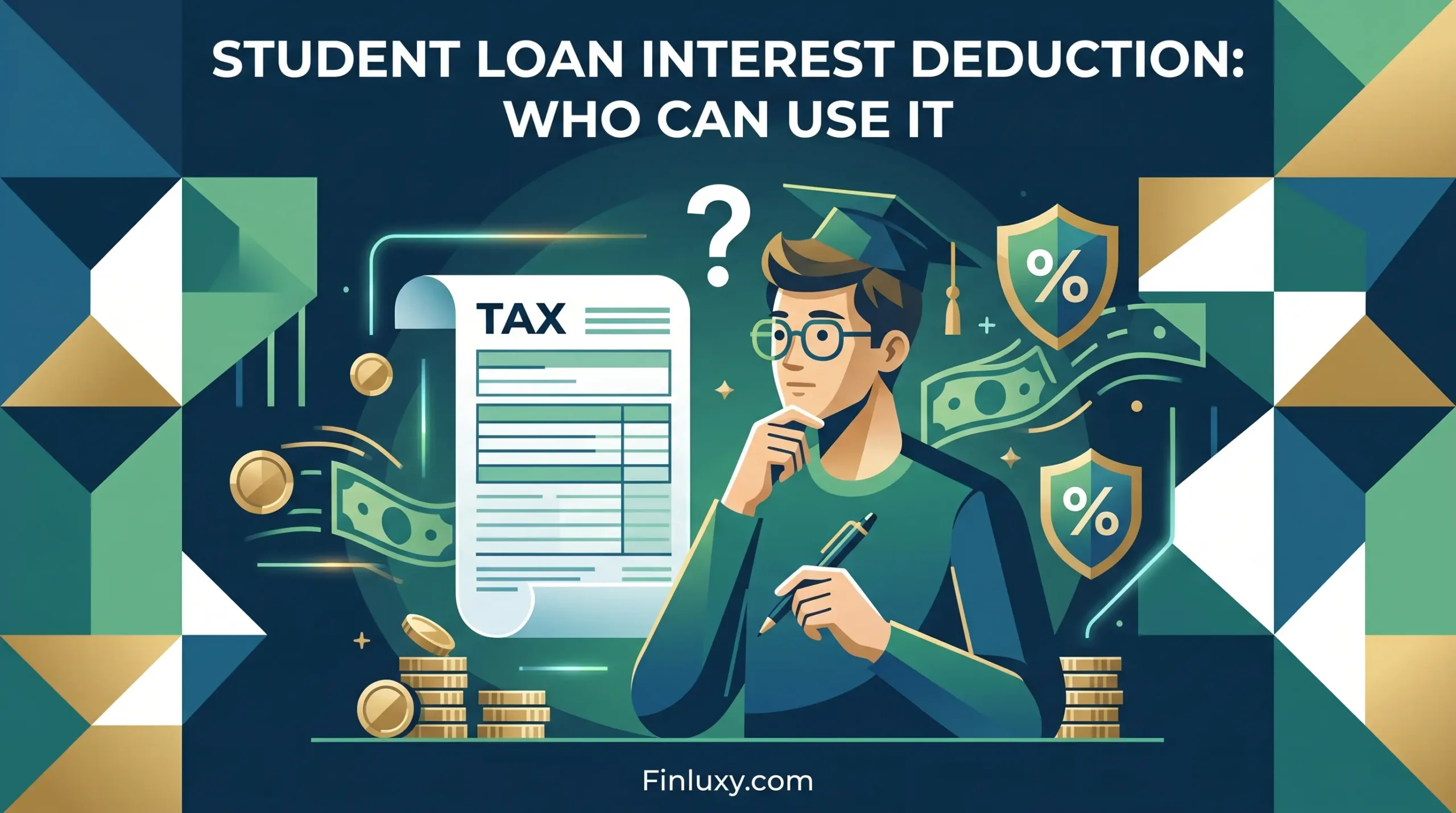 Geometric illustration of a thinking graduate with a tax form and coins, exploring student loan deduction.
